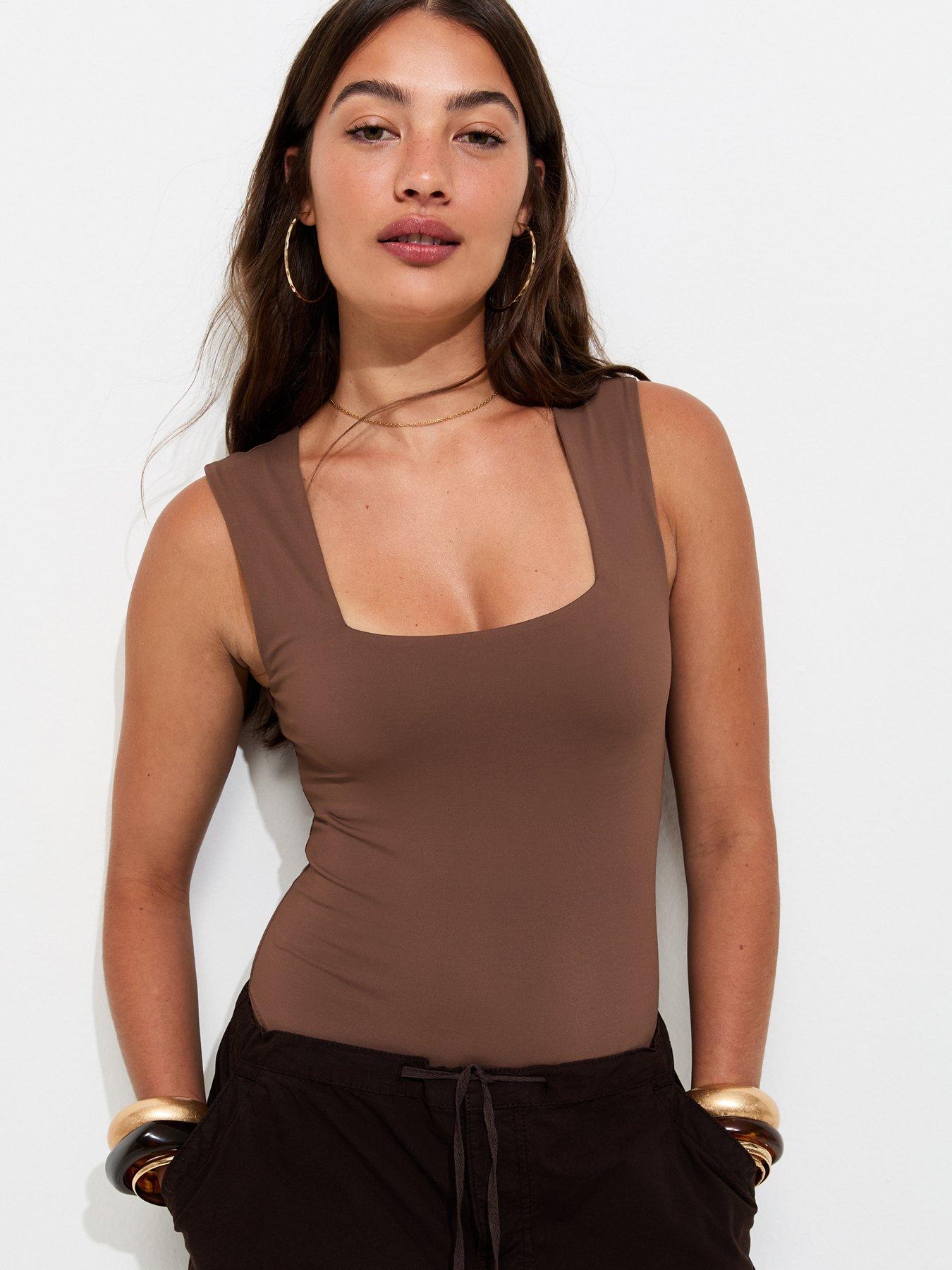 New Look Slinky Square Neck Sleeveless Bodysuit - Dark Brown