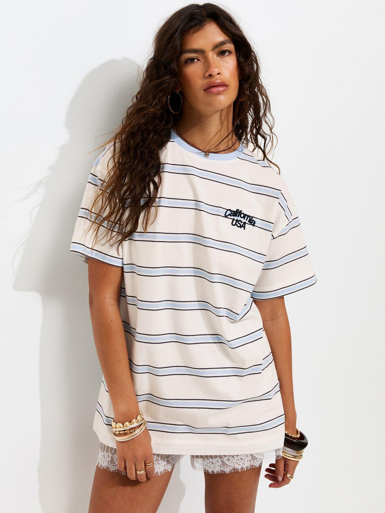 New Look Cotton Stripe California Embroidery Oversized T-Shirt - Cream