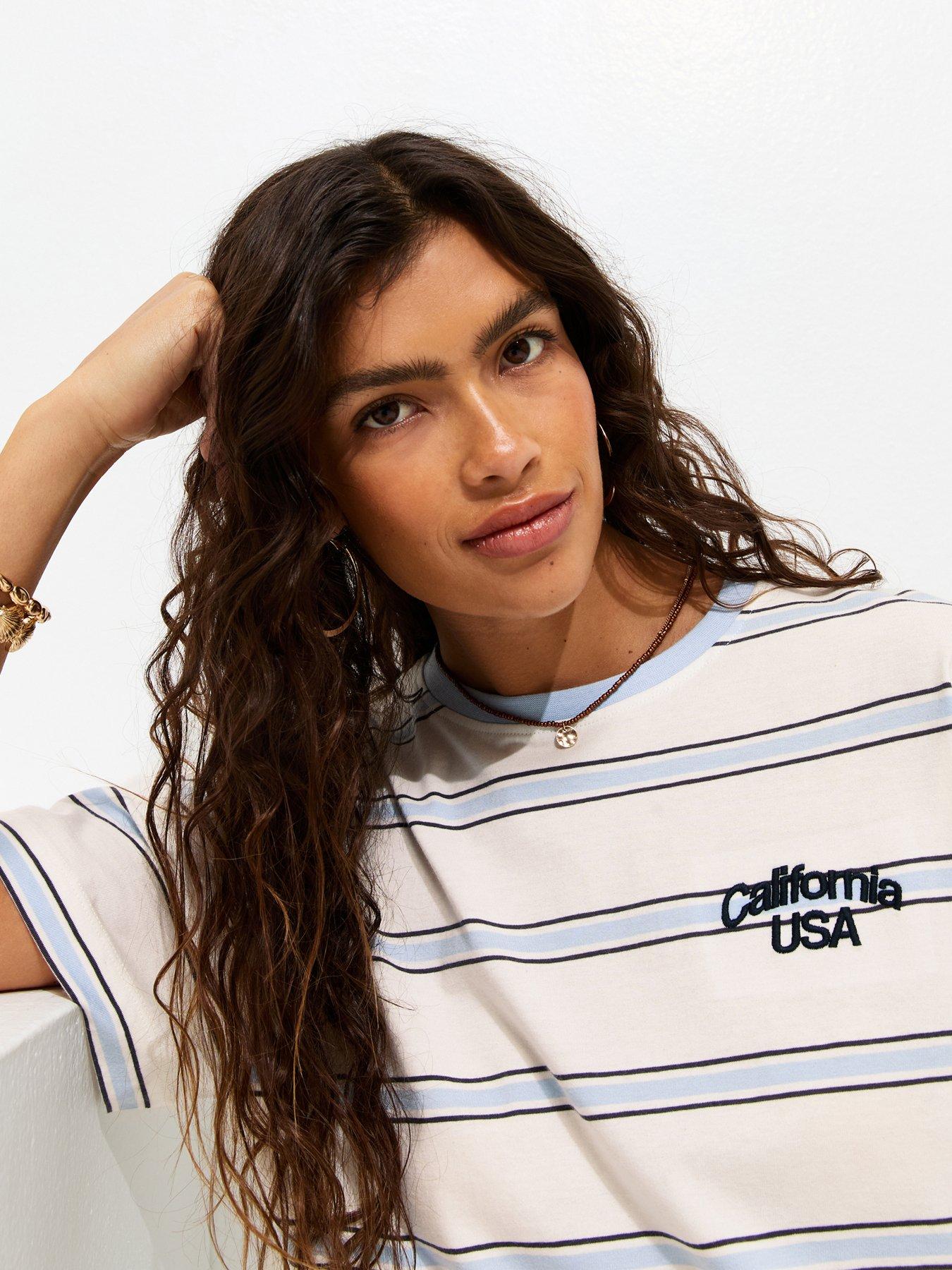 Image 4 of 5 of New Look Cotton Stripe California Embroidery Oversized T-Shirt - Cream
