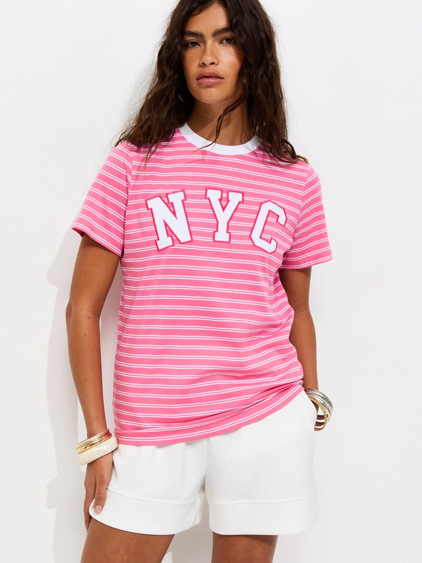 New Look Cotton Striped Nyc Relaxed Fit T-Shirt - Pink