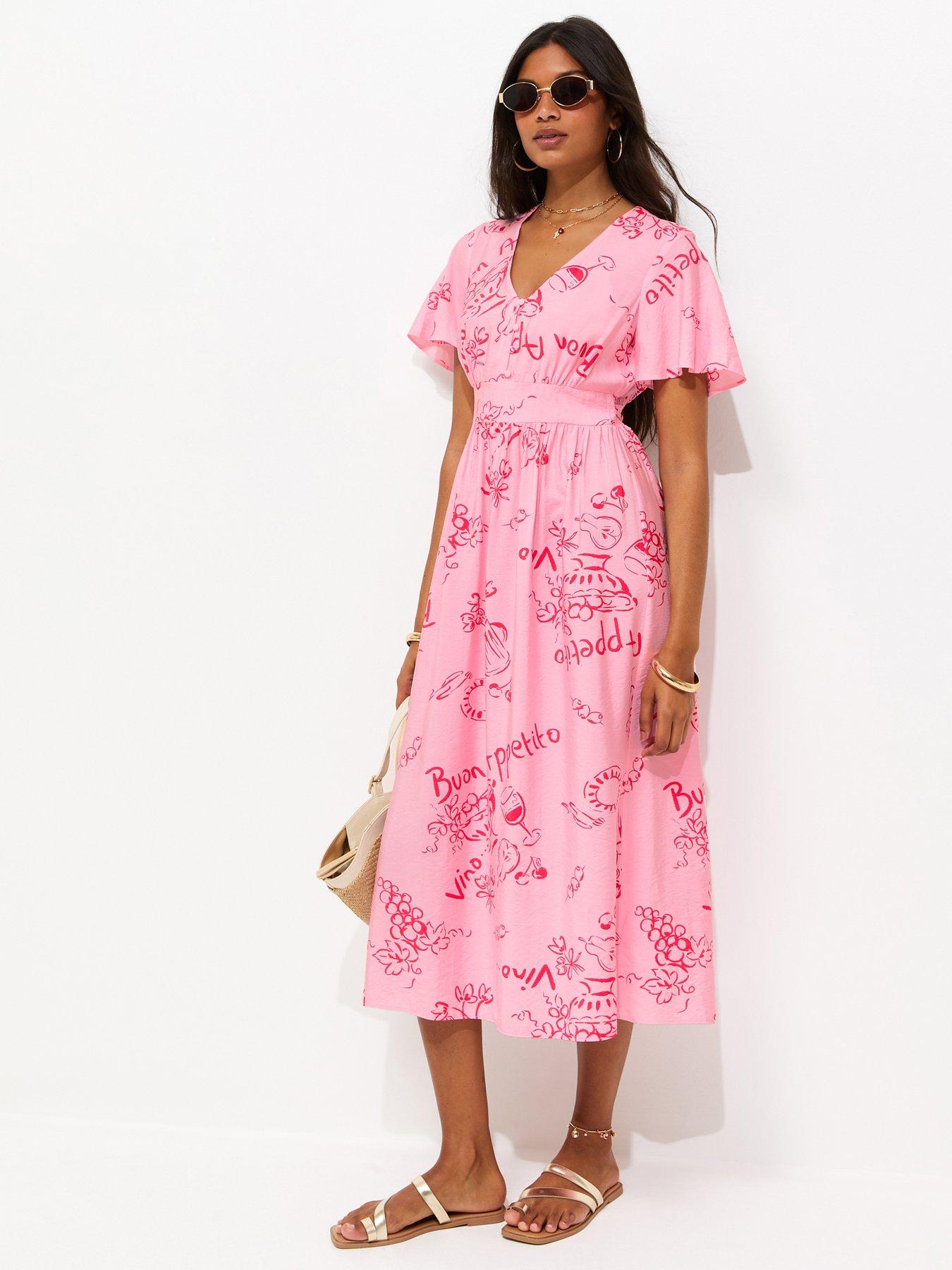Image 3 of 5 of New Look Vino Print Flutter Sleeve Midi Dress - Pink