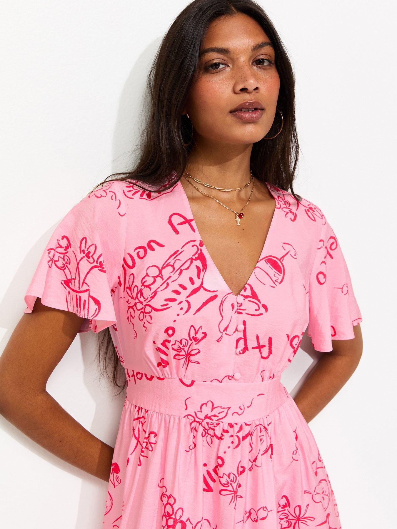 Image 4 of 5 of New Look Vino Print Flutter Sleeve Midi Dress - Pink