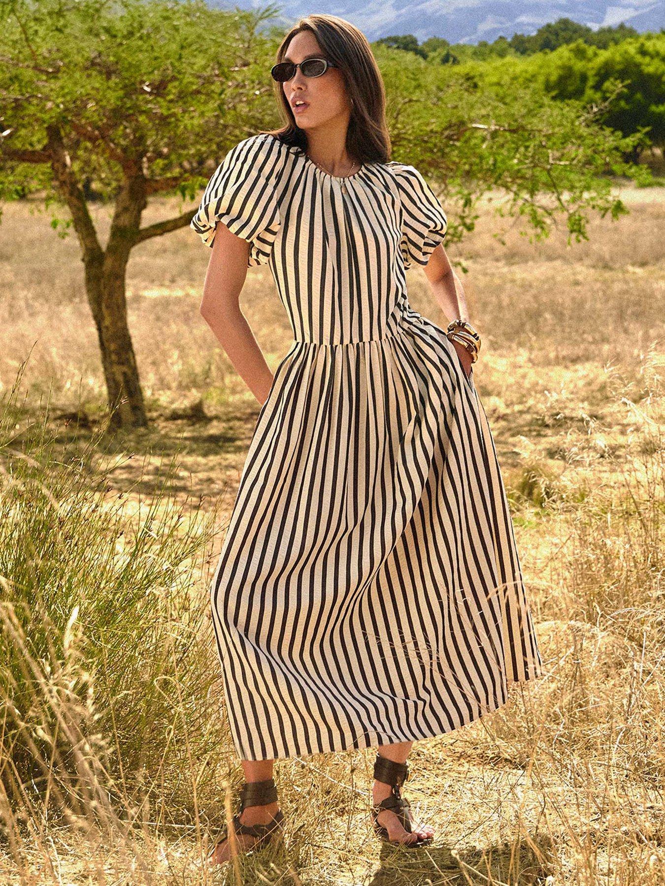 New Look Striped Drop Waist Puff Sleeve Midi Dress - Black