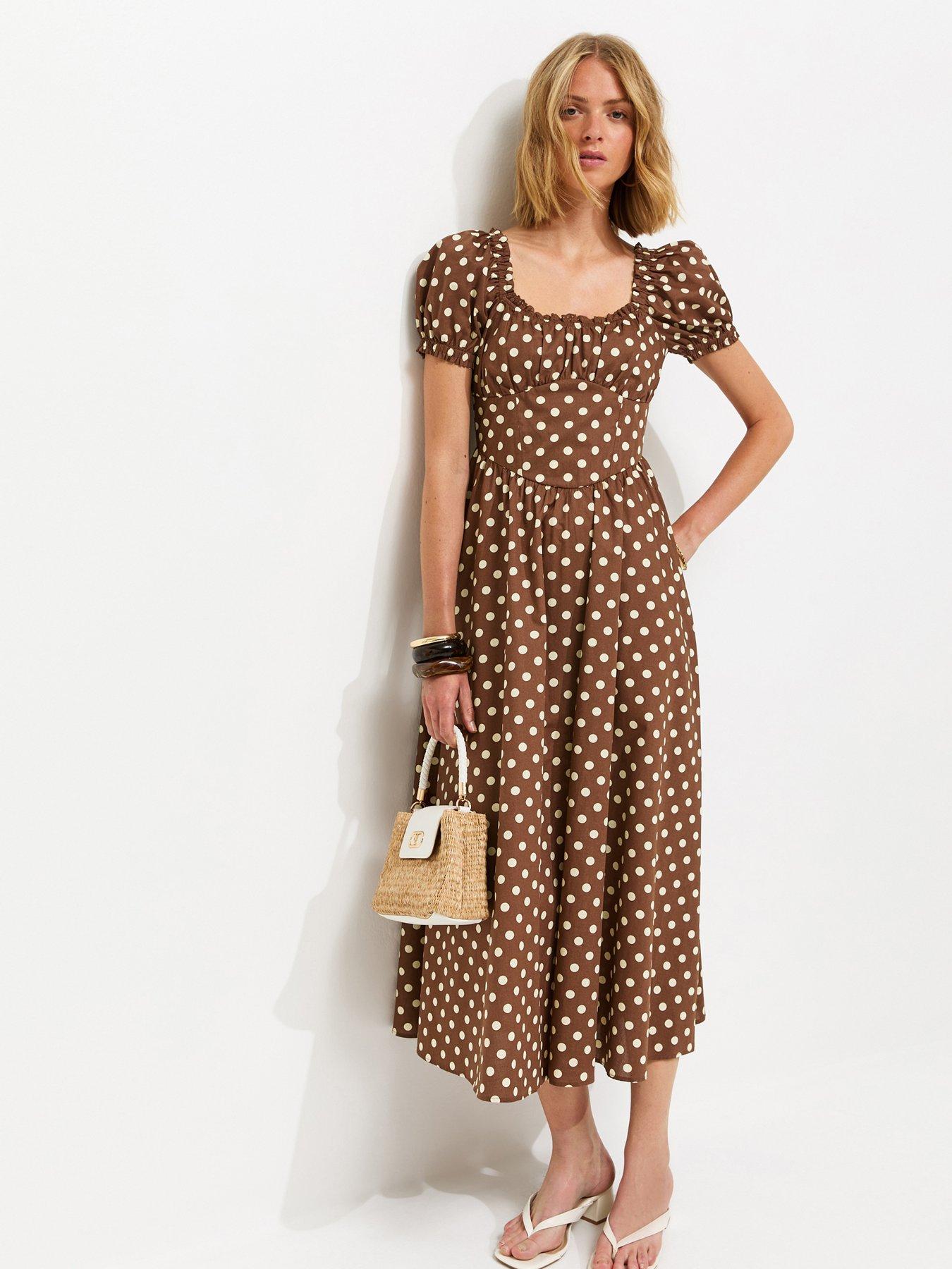 New Look Cotton Polka Dot Ruched Midi Dress - Brown