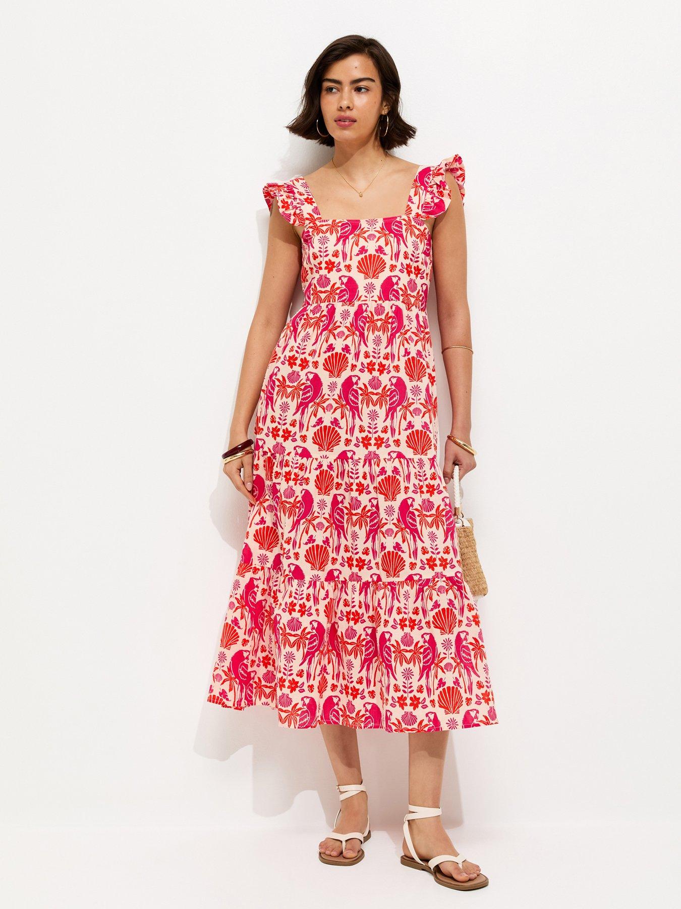 Image 1 of 5 of New Look Parrot Patterned Ruffle Strap Midi Dress - Pink