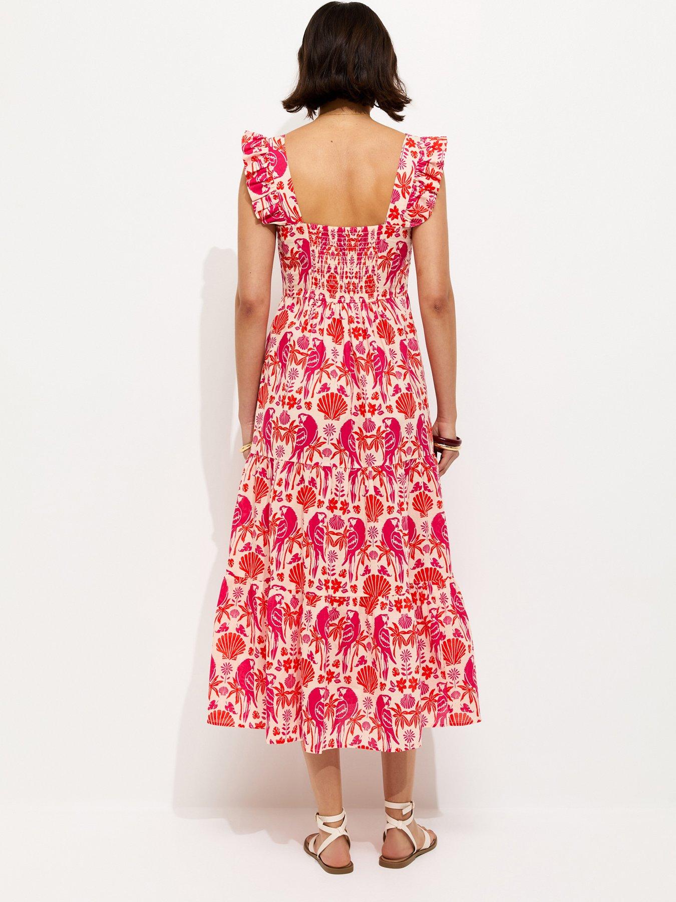 Image 2 of 5 of New Look Parrot Patterned Ruffle Strap Midi Dress - Pink