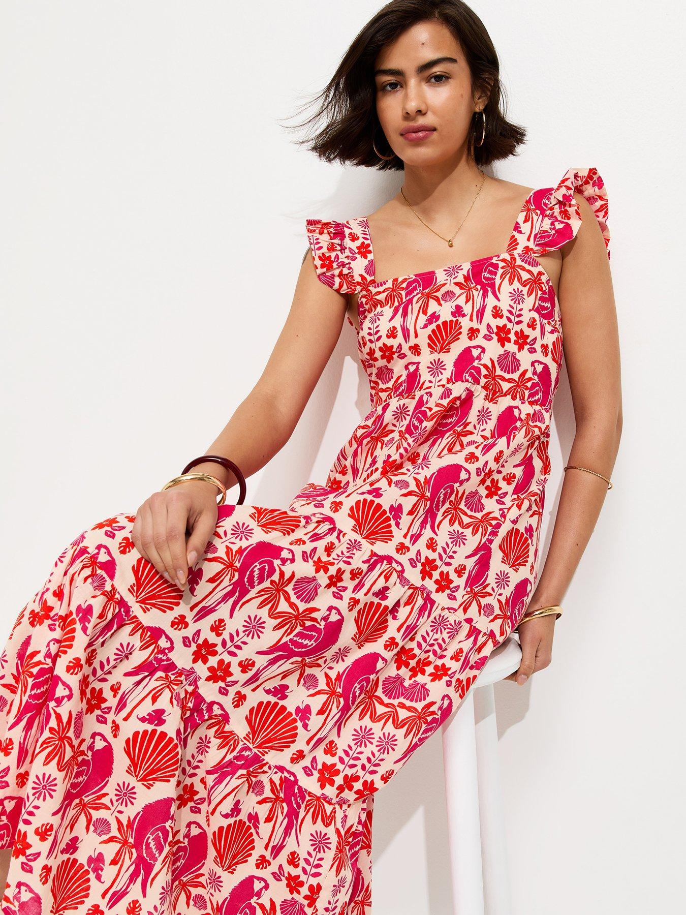 Image 3 of 5 of New Look Parrot Patterned Ruffle Strap Midi Dress - Pink