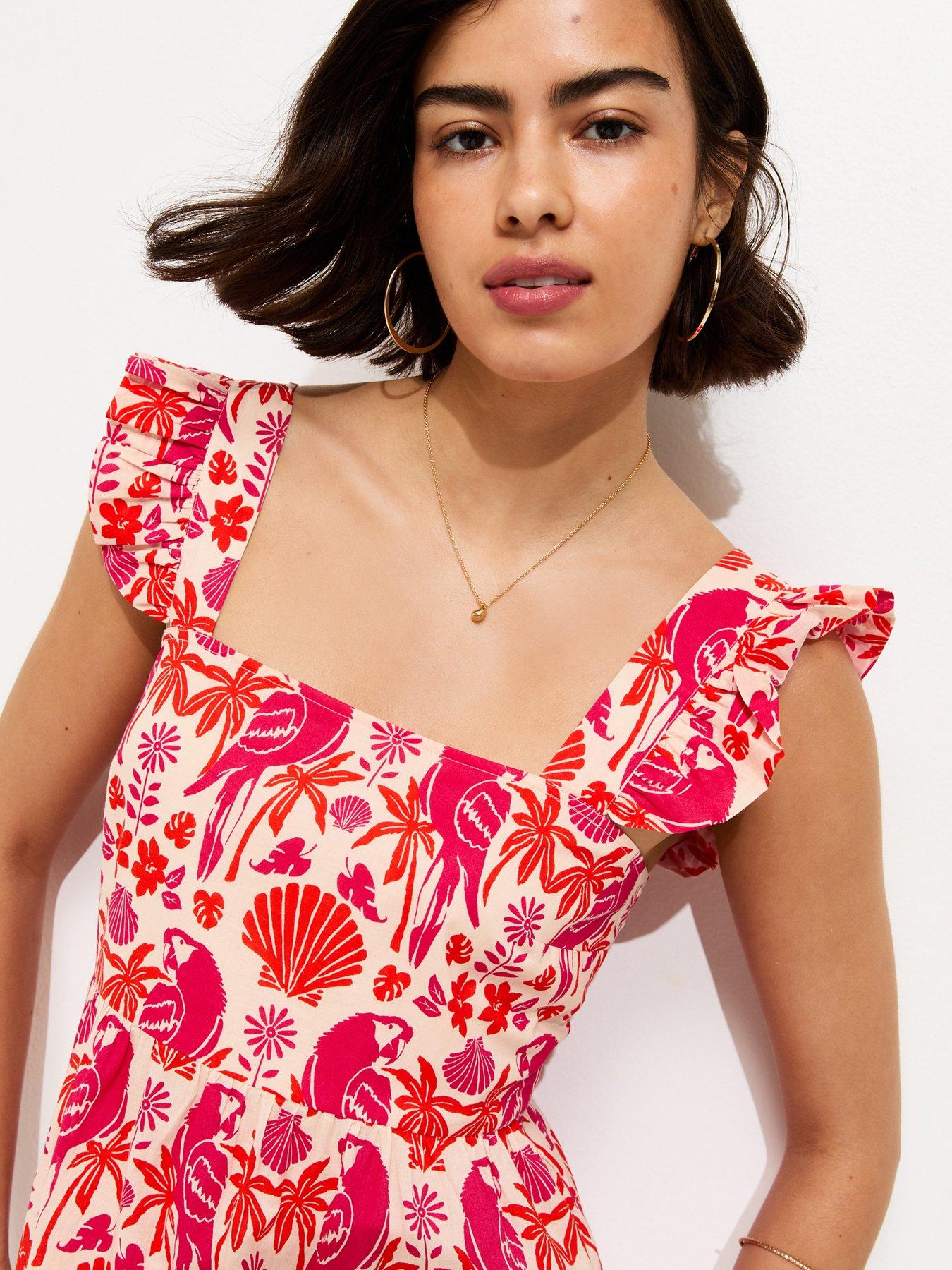 Image 4 of 5 of New Look Parrot Patterned Ruffle Strap Midi Dress - Pink