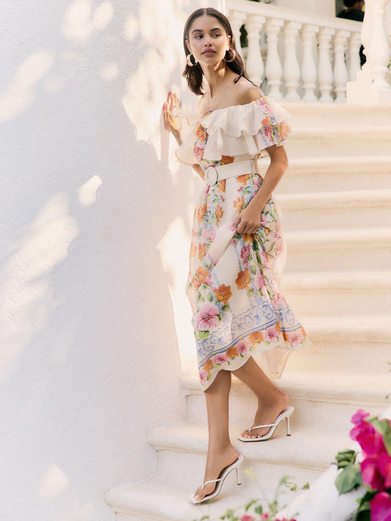 Friends Like These Cotton Voile Bardot Belted Placement Midi - Cream