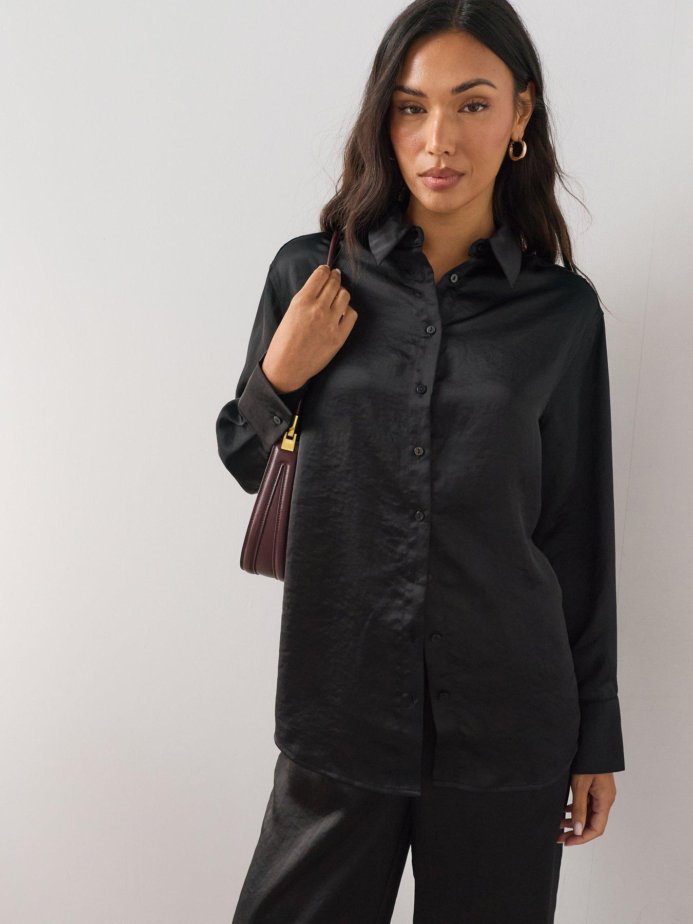 Image 1 of 7 of The Very Collection Satin Button Up Shirt - Black