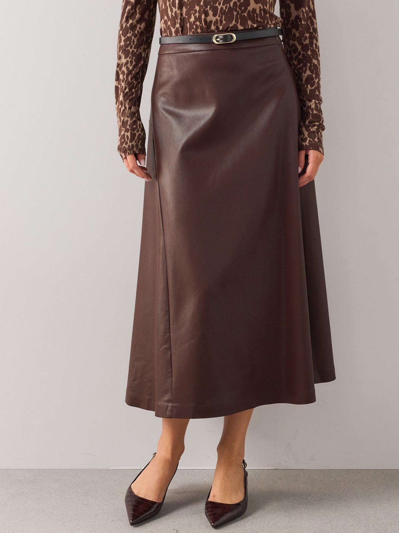 Image 3 of 6 of The Very Collection Pu Belted Midi Skirt - Brown