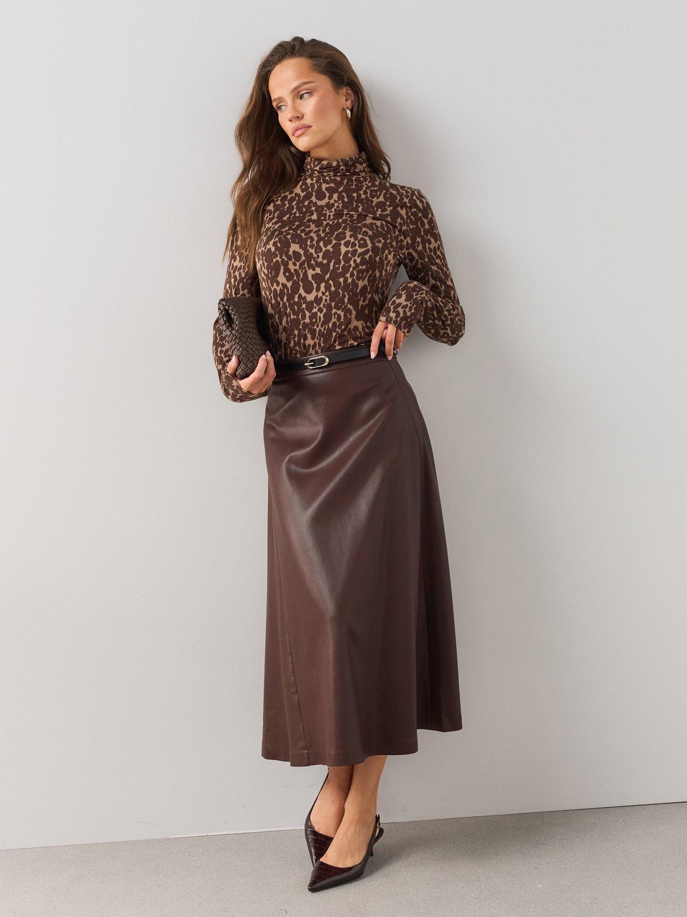 Image 4 of 6 of The Very Collection Pu Belted Midi Skirt - Brown