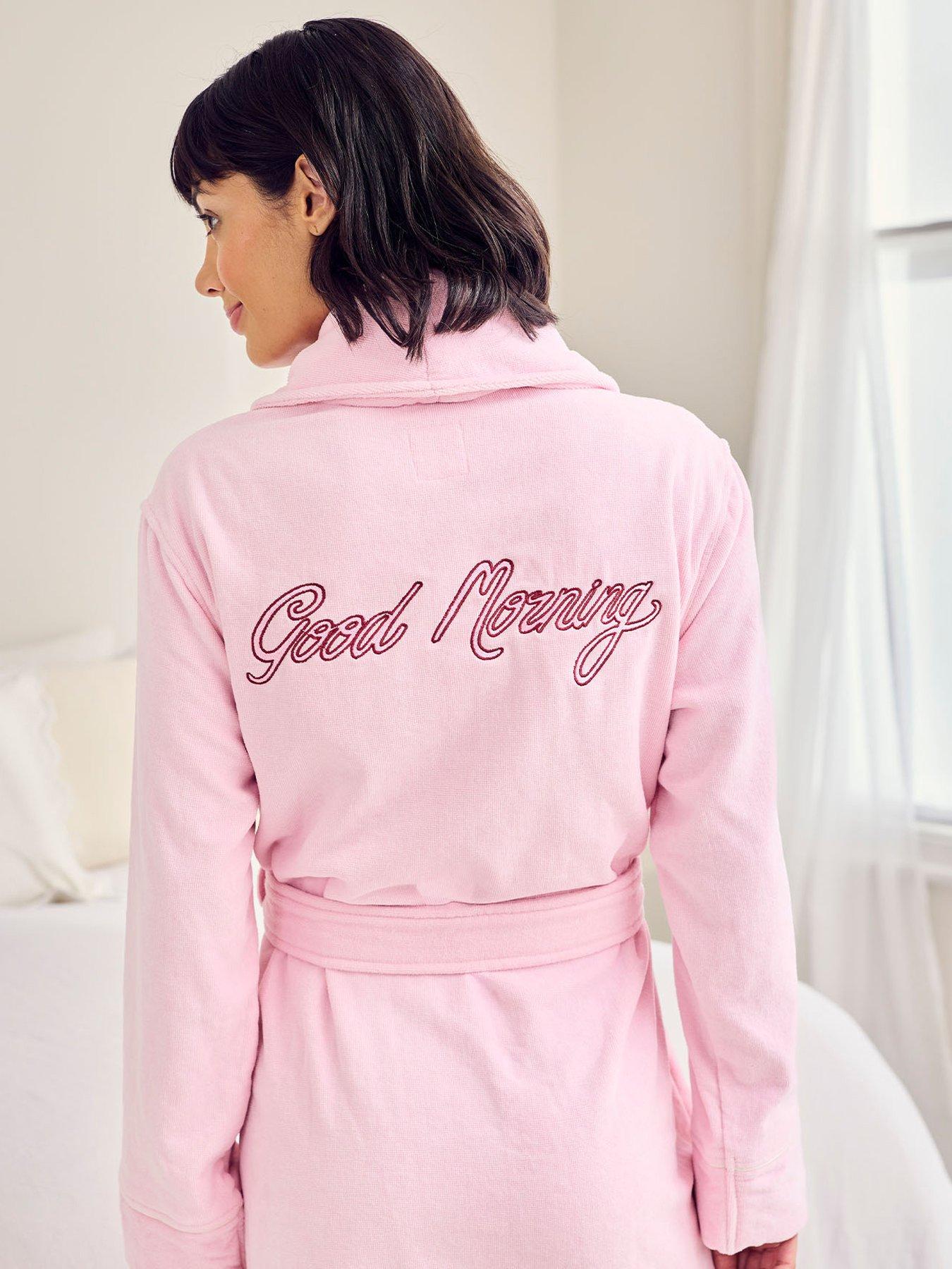 Image 5 of 5 of CHELSEA PEERS Chelsea Peers Cotton Towelling Embroidered Good Morning Dressing Gown - Pink