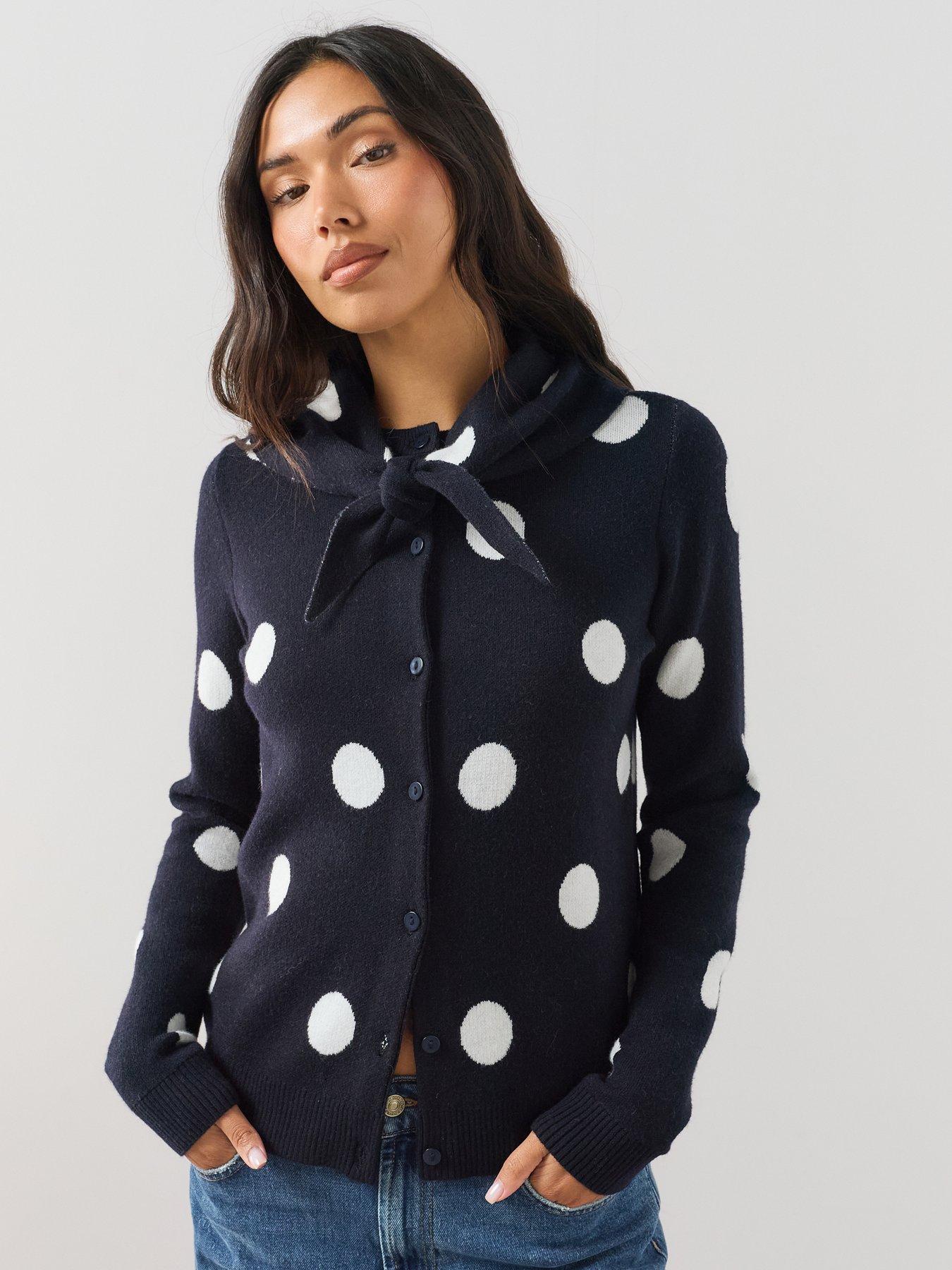 The Very Collection Polka Dot Crew Neck Cardigan With Scarf - Navy