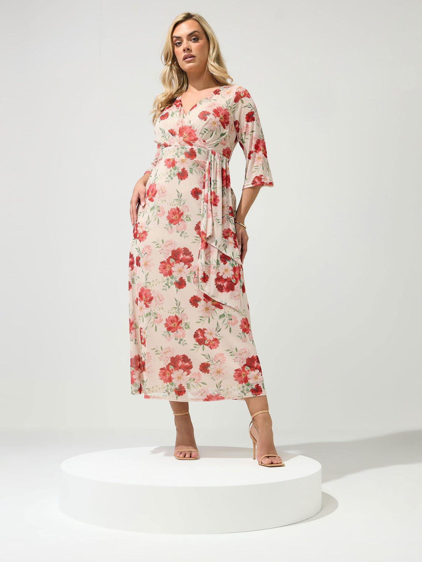 Image 1 of 4 of Yours Curve Floral Mesh Wrap Dress - Cream