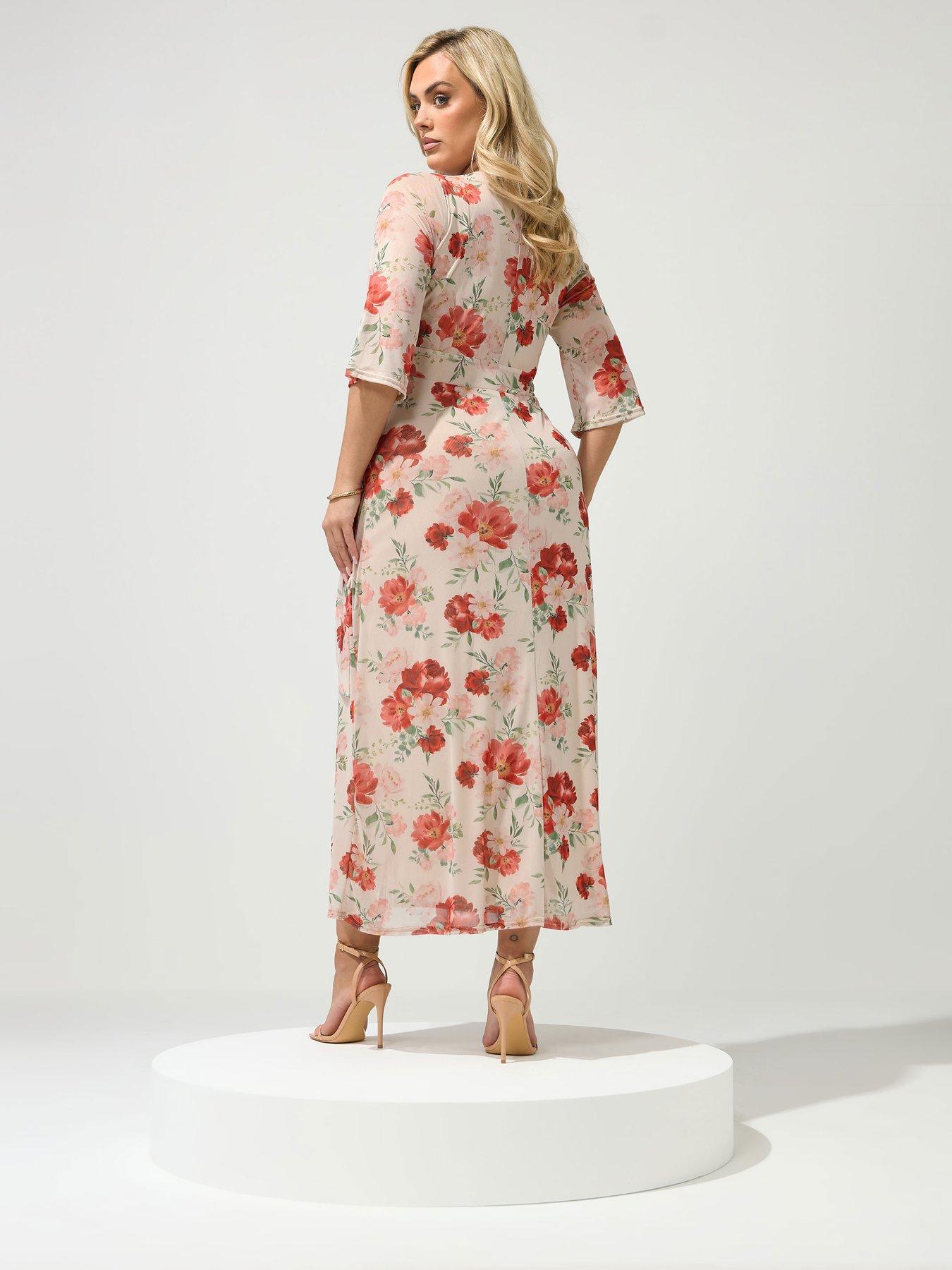 Image 2 of 4 of Yours Curve Floral Mesh Wrap Dress - Cream