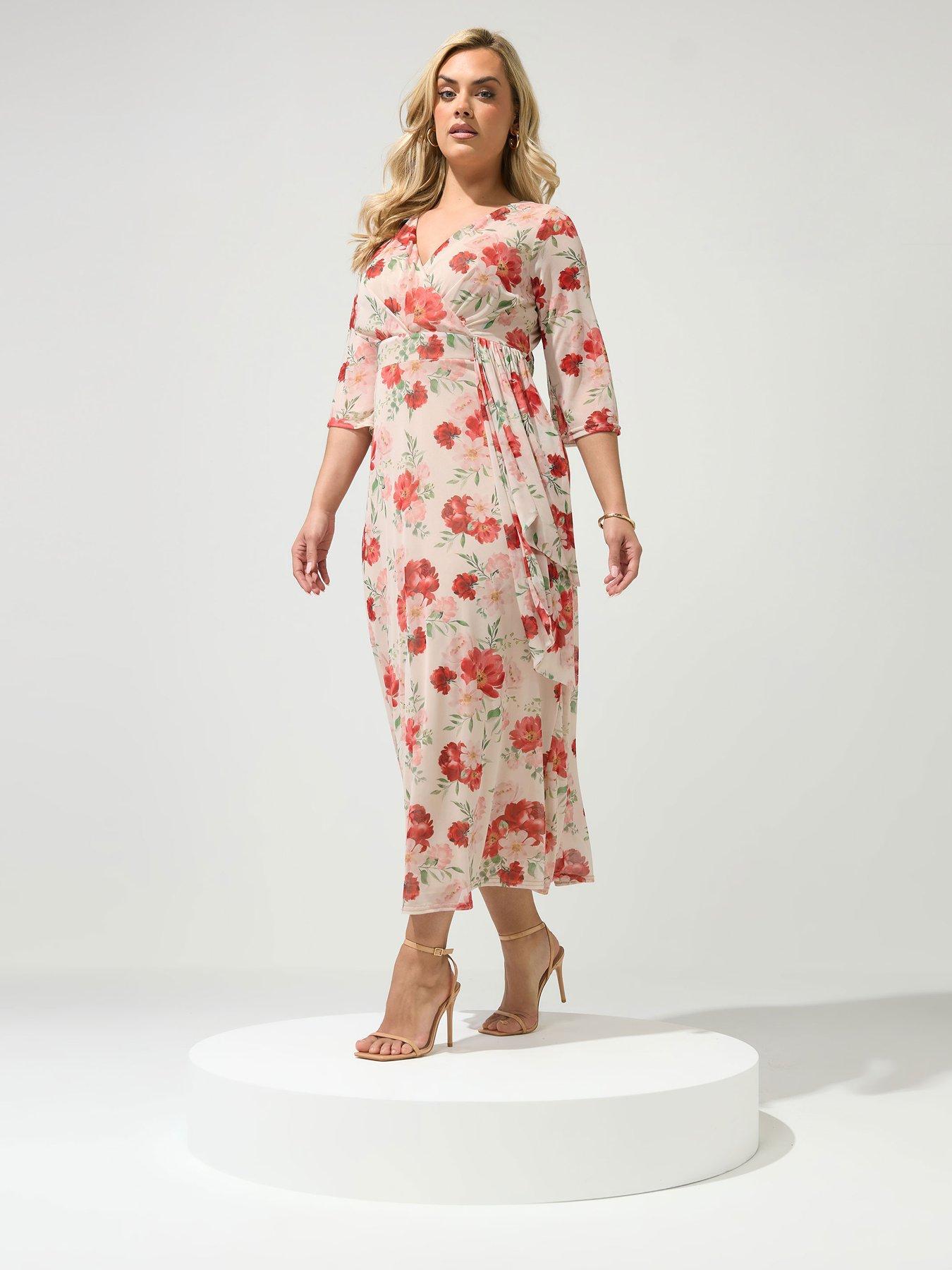 Image 3 of 4 of Yours Curve Floral Mesh Wrap Dress - Cream