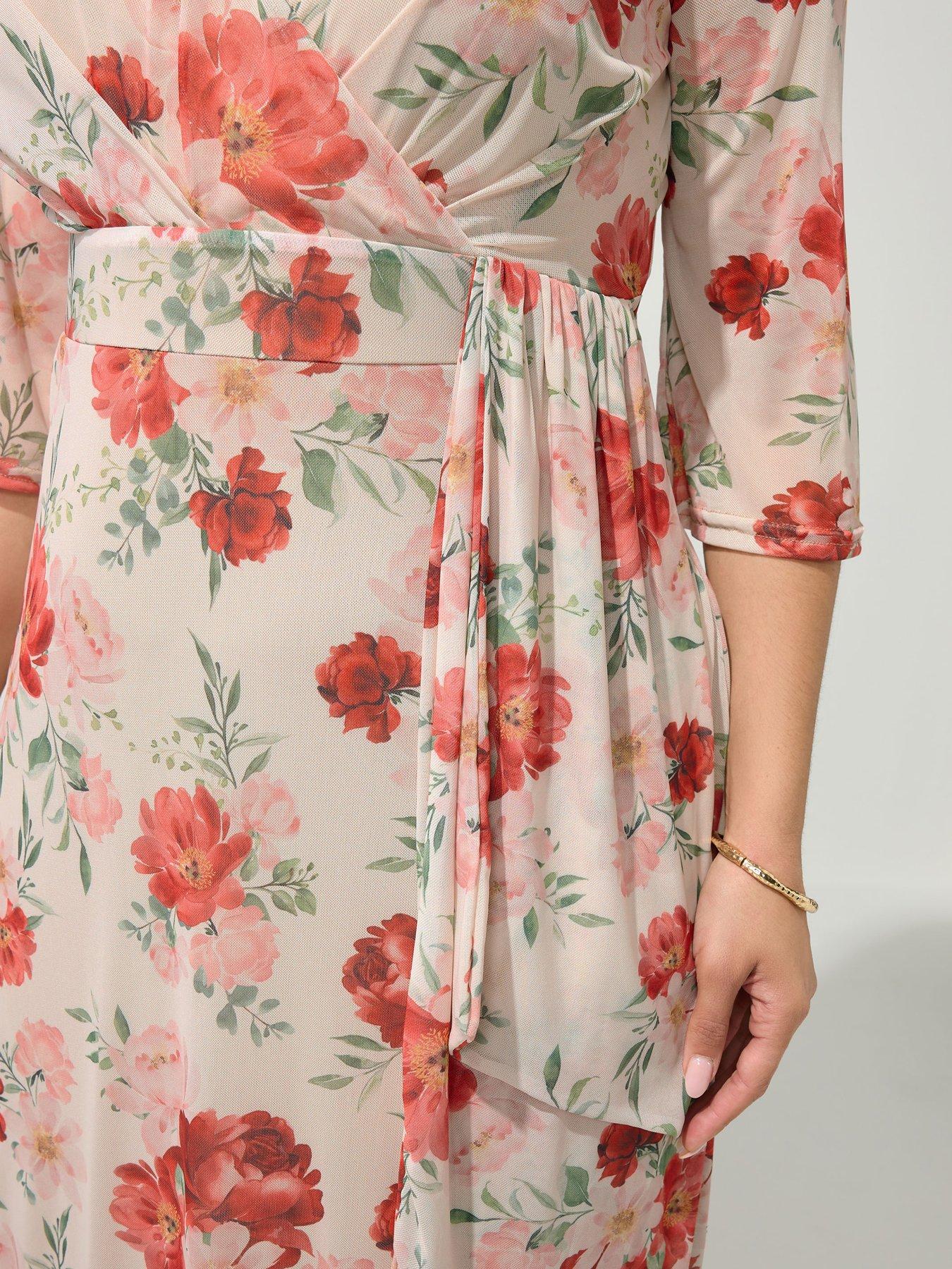 Image 4 of 4 of Yours Curve Floral Mesh Wrap Dress - Cream