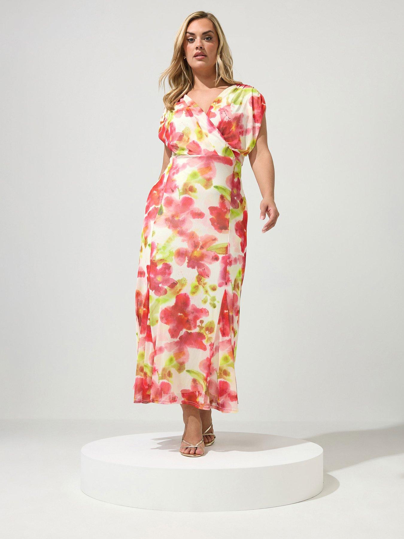 Yours Curve Floral Mesh Godet Wrap Dress - White