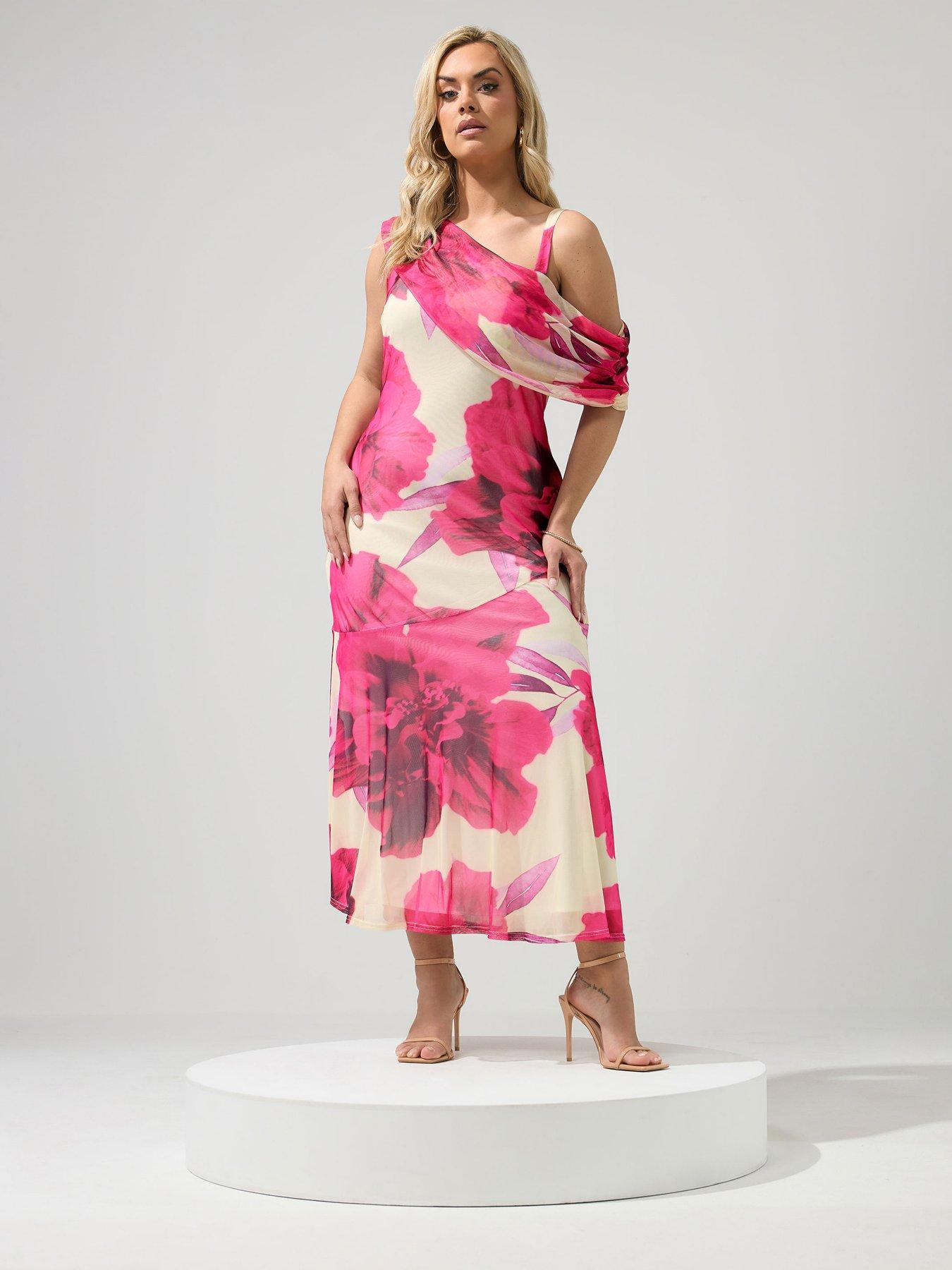 Yours Curve Floral Mesh Drape Shoulder Dress - White