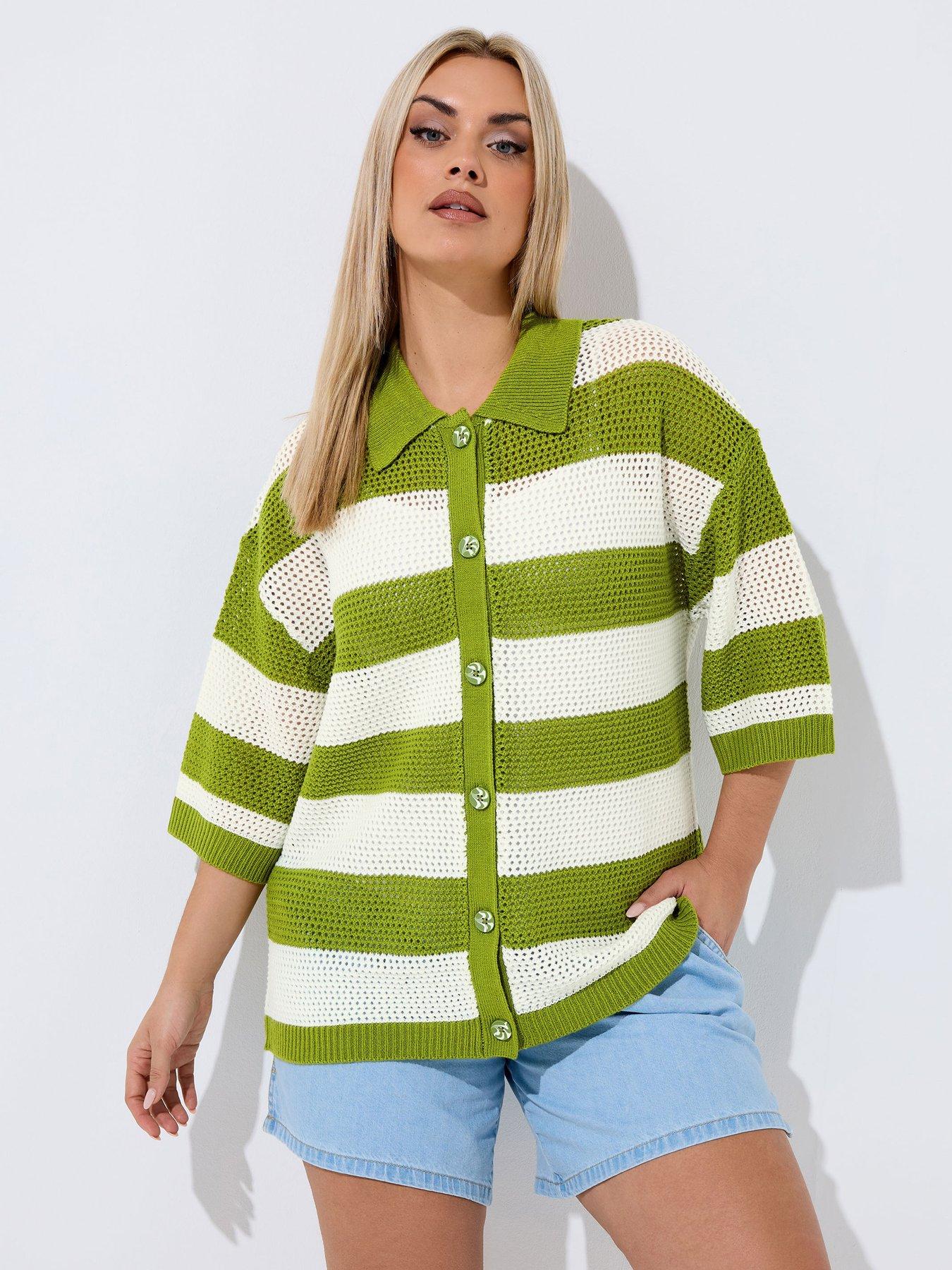 yours-curve-stripe-boxy-knitted-shirt-greenfront