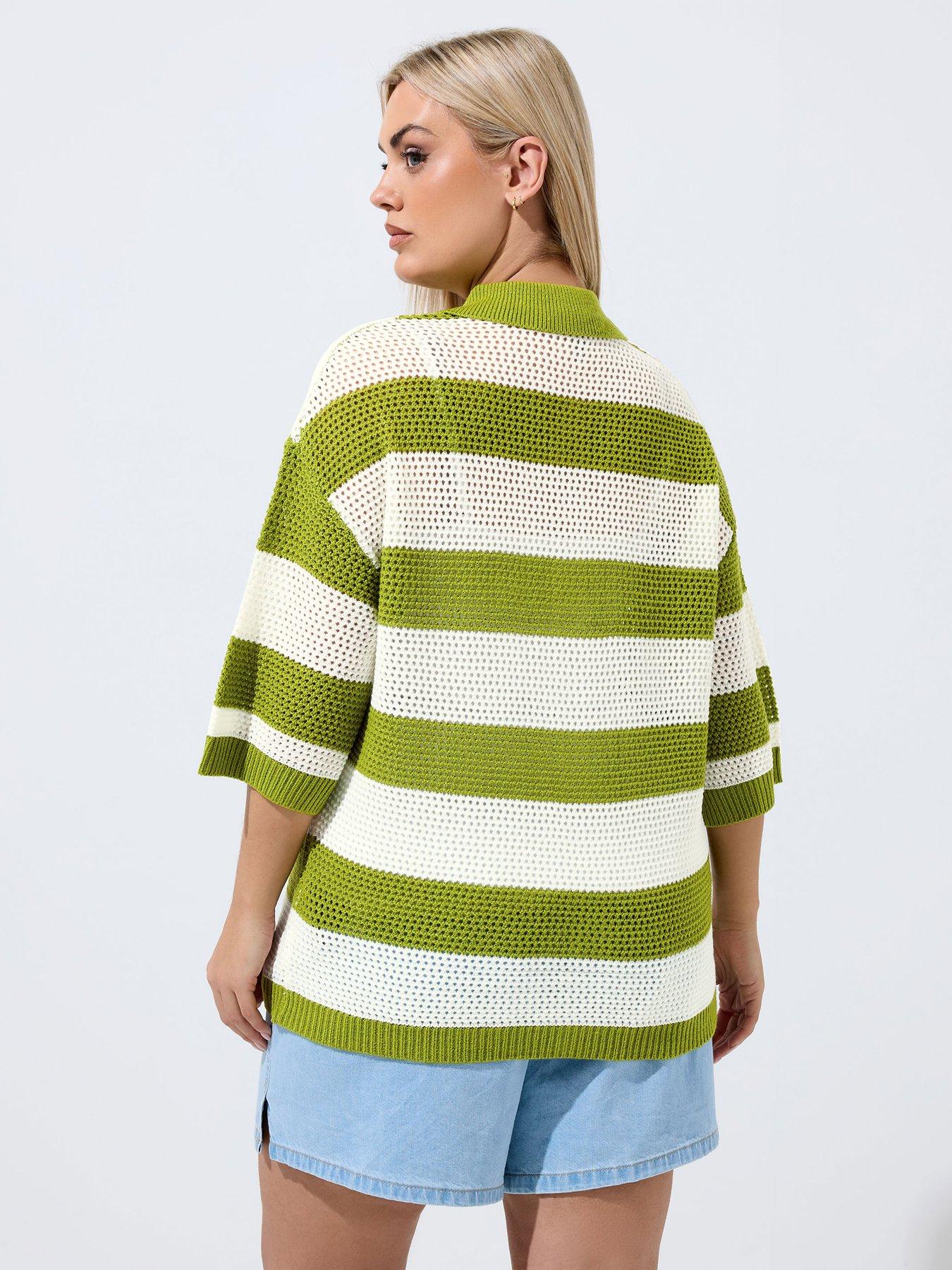 yours-curve-stripe-boxy-knitted-shirt-greenstillFront