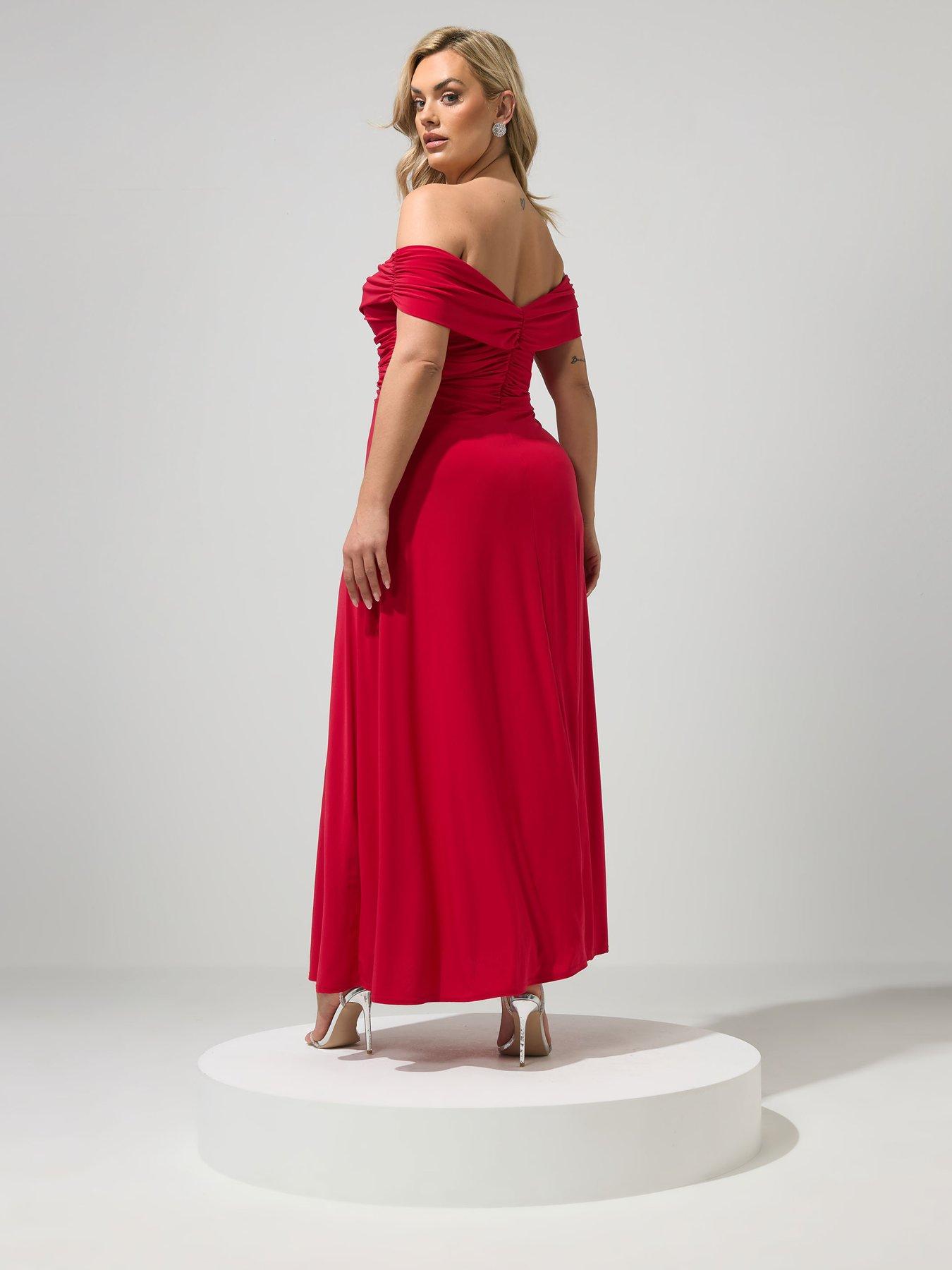 Image 2 of 5 of Yours Curve Lightly Gathered Bardot Maxi Dress - Red