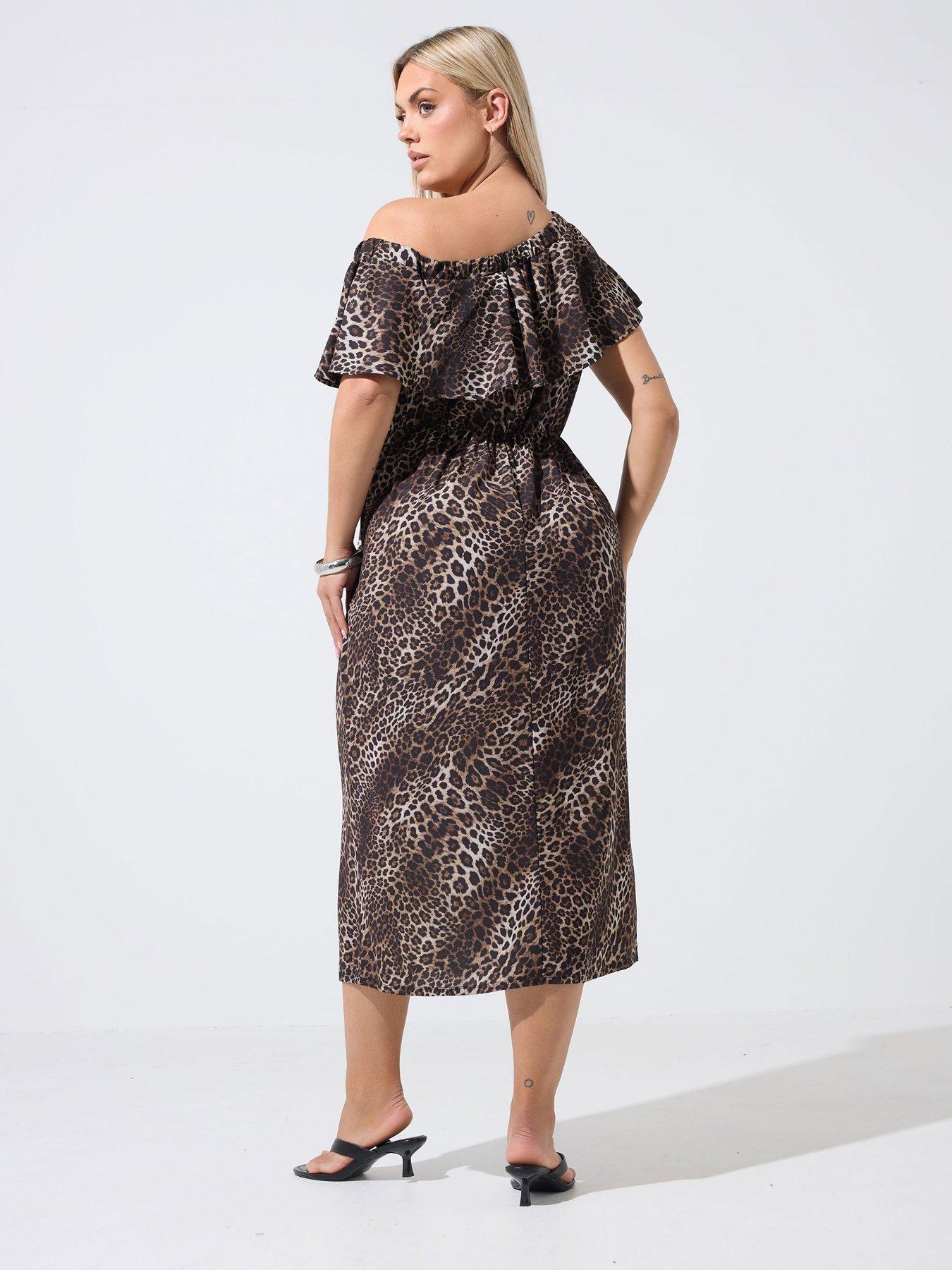 Image 2 of 4 of Yours Curve Leopard Frill Dress - Brown