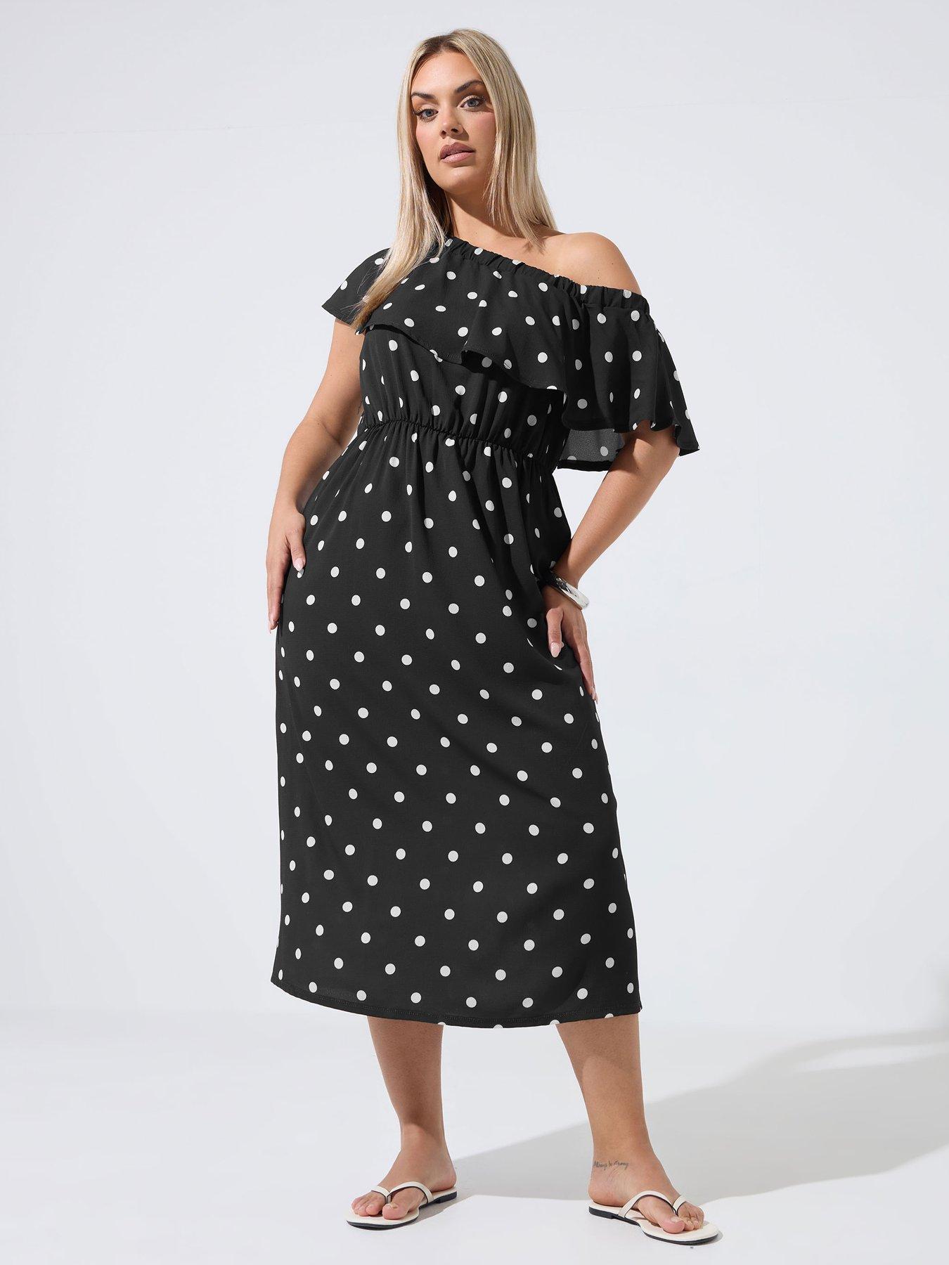 Yours Curve Polka Dot Frill Dress - Black