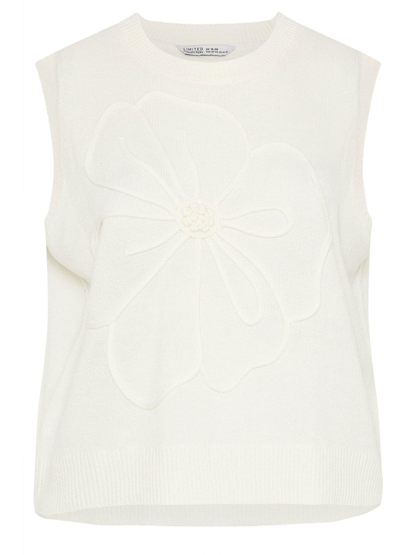 Image 5 of 5 of Yours Curve Knitted Embroidered Flower Top - White