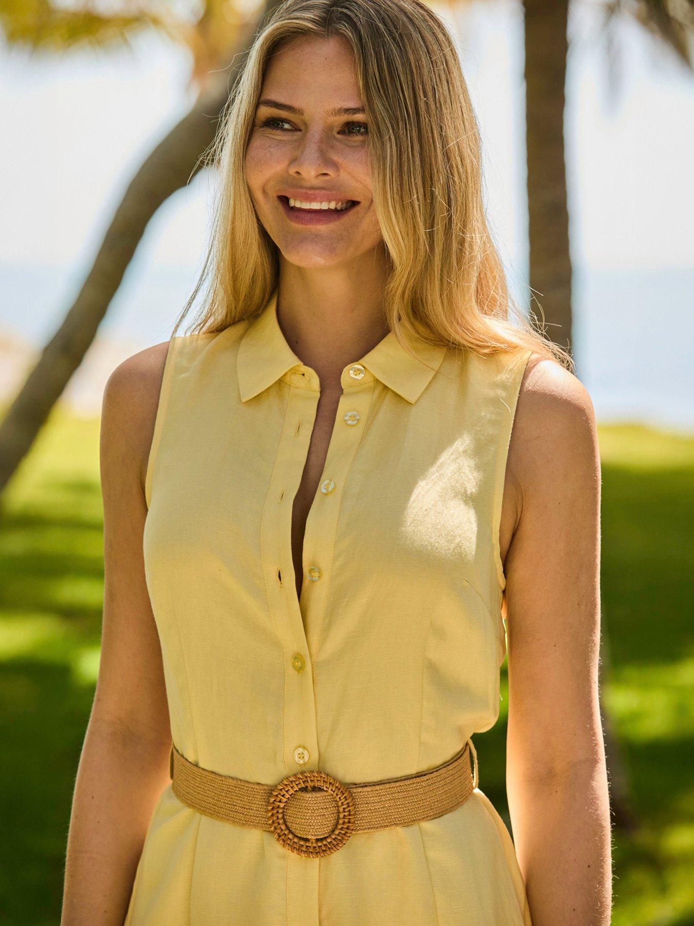Image 3 of 6 of Sosandar Linen Blend Rattan Belted Shirt Dress - Yellow