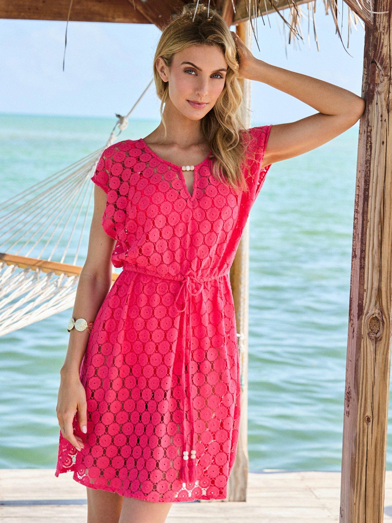 Sosandar Crochet Bead Detail Tie Waist Beach Dress - Coral