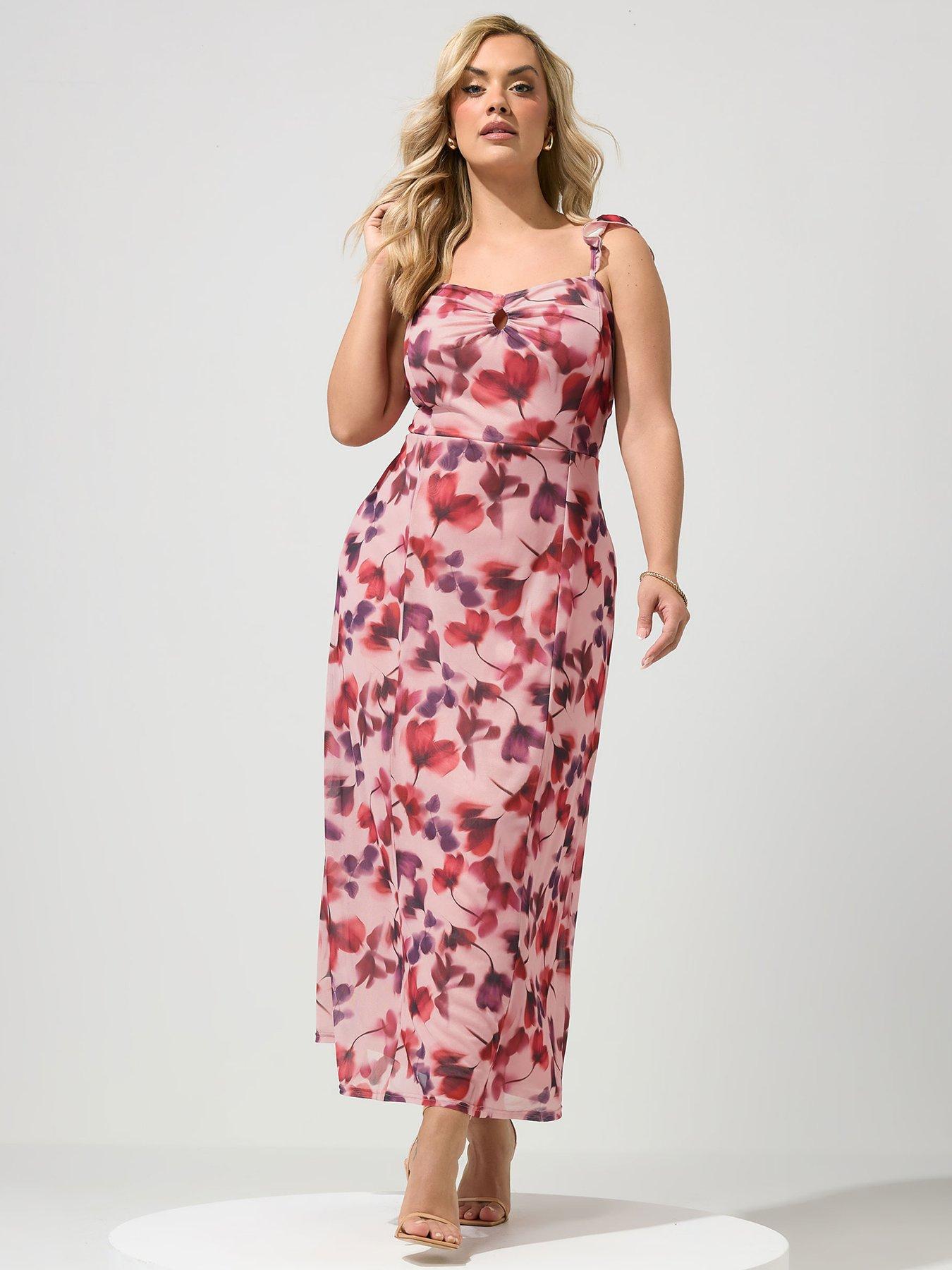 Yours Curve Floral Keyhole Ruffle Cami Dress - Pink