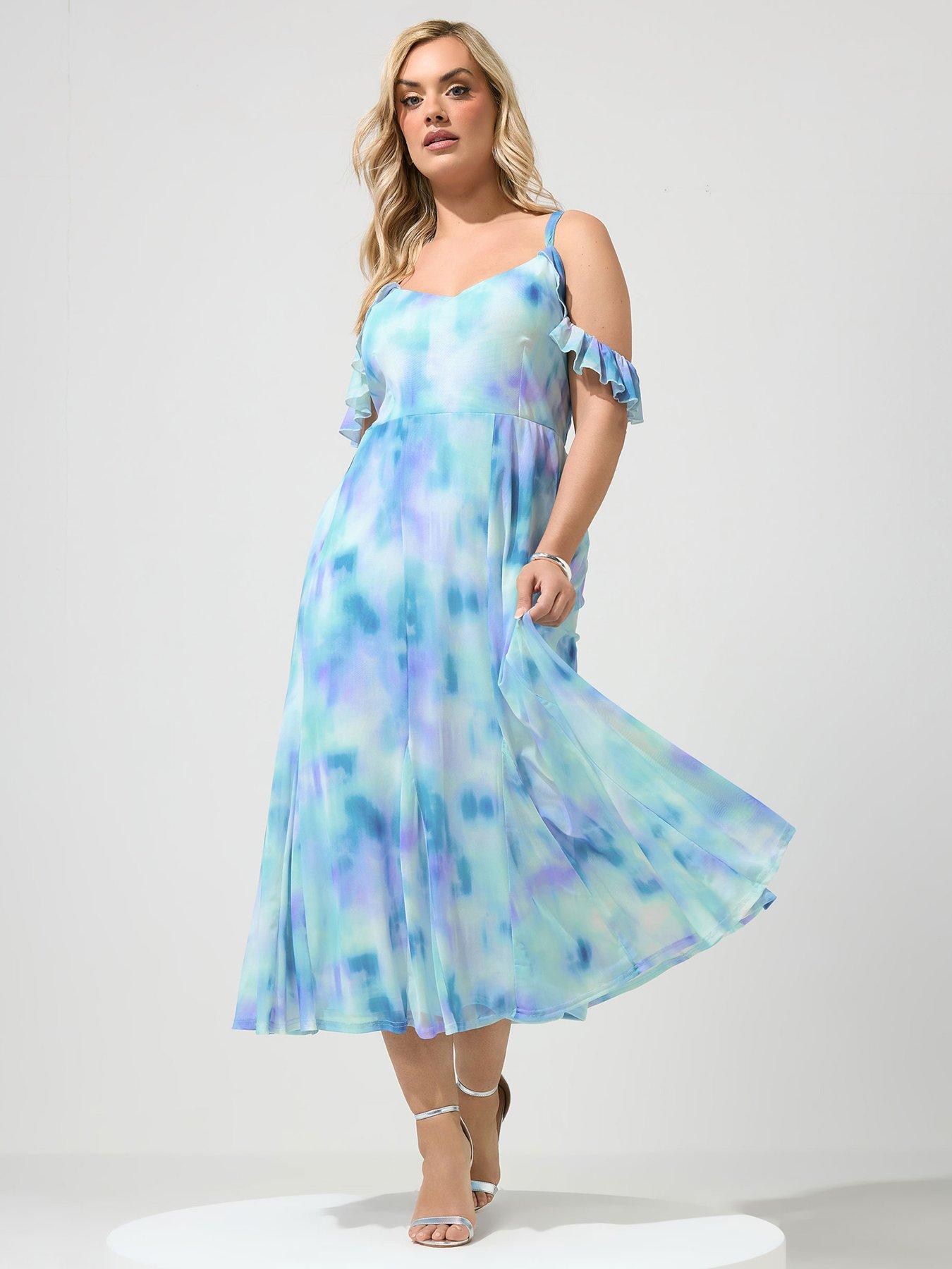 Yours Curve Abstract Cold Shoulder Godet Dress - Blue
