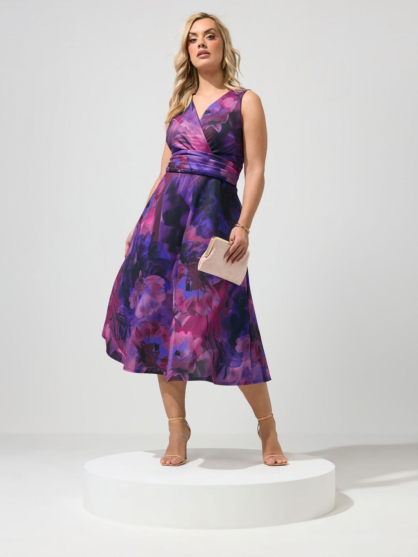 Image 1 of 5 of Yours Curve Abstract V Neck Skater Dress - Purple/Pink