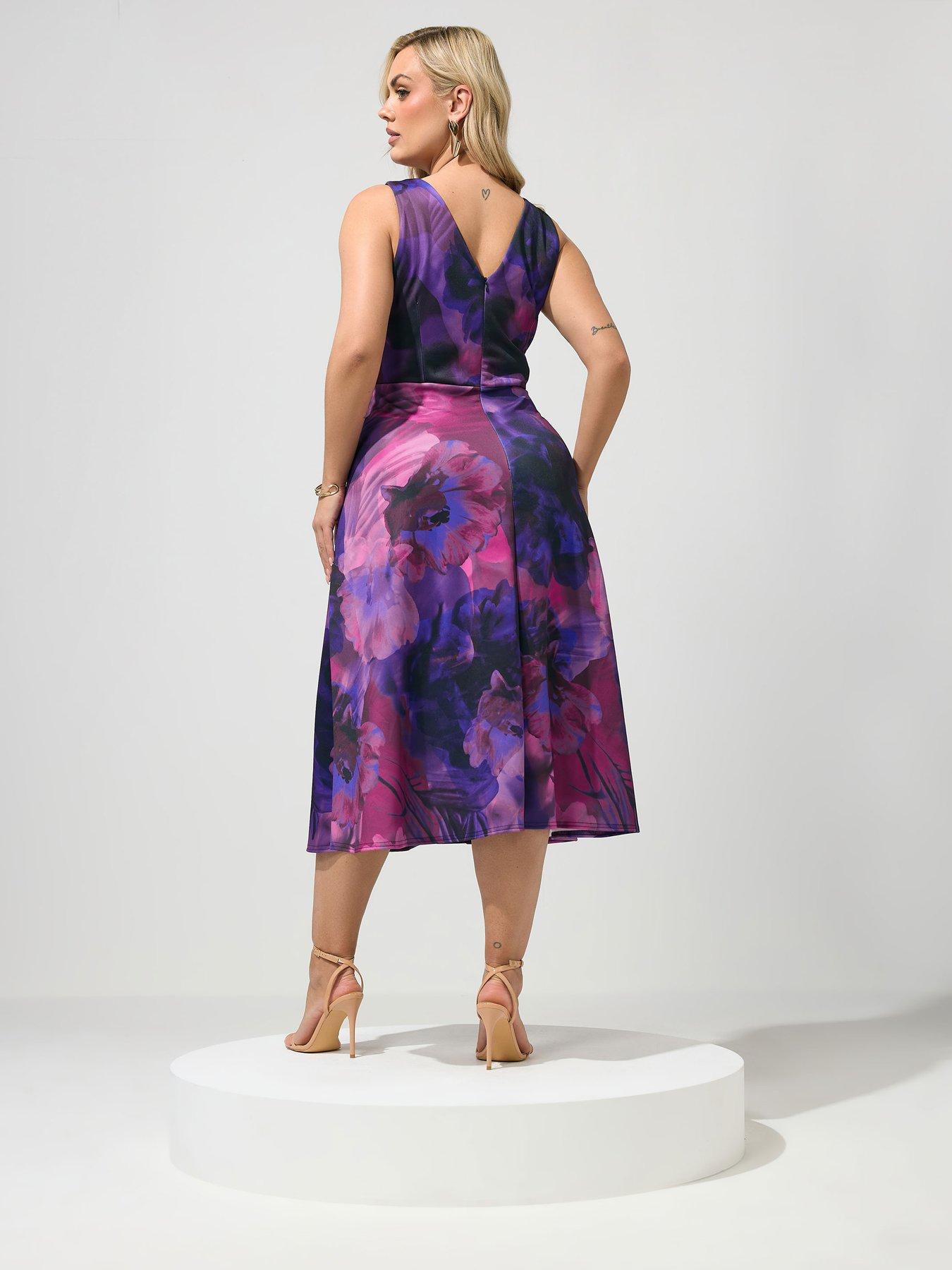 Image 2 of 5 of Yours Curve Abstract V Neck Skater Dress - Purple/Pink
