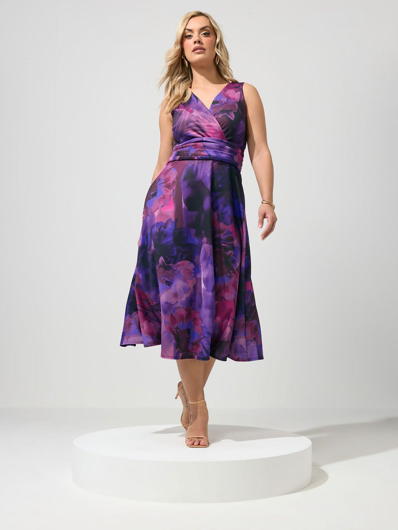 Image 3 of 5 of Yours Curve Abstract V Neck Skater Dress - Purple/Pink