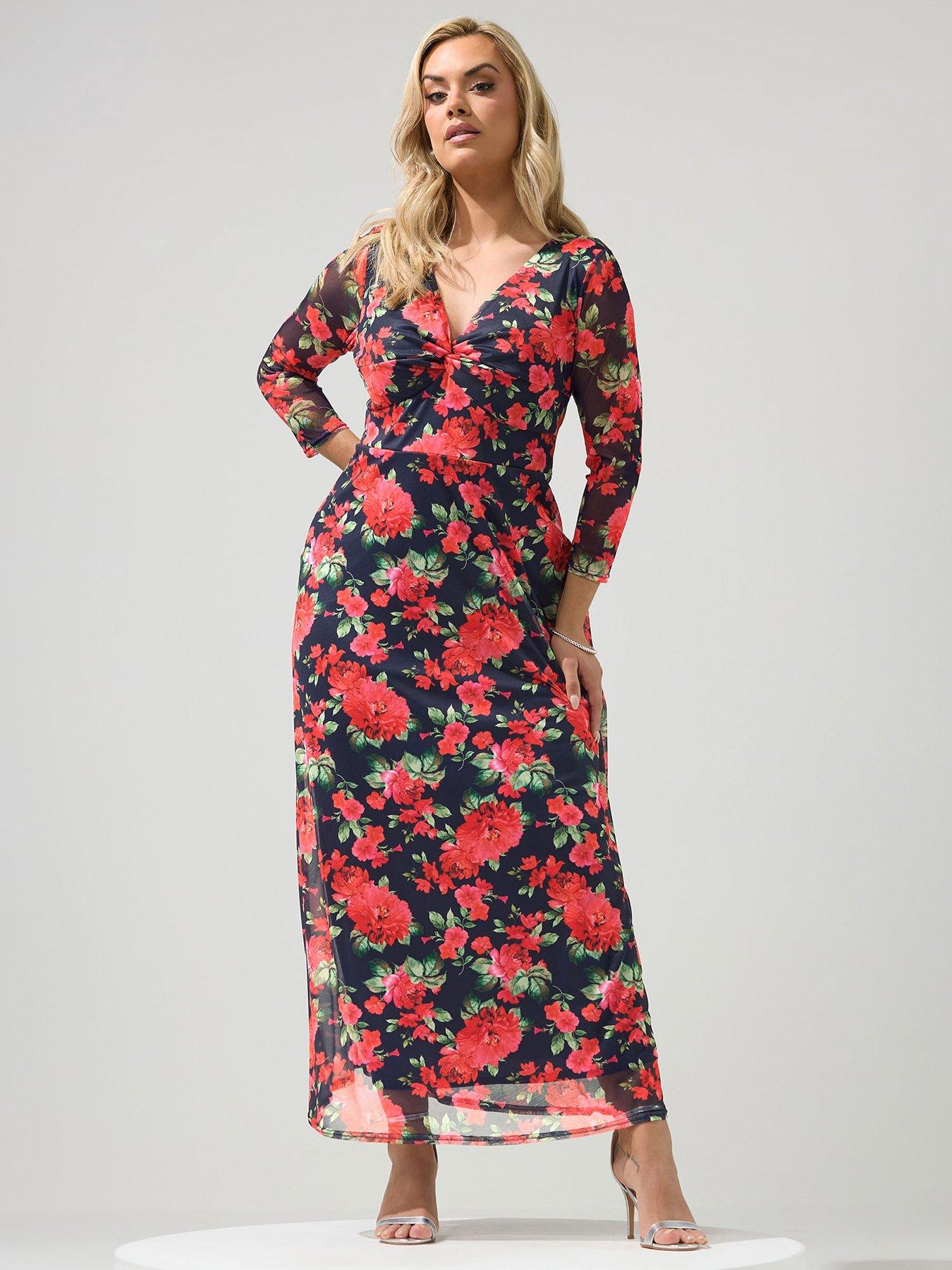 Yours Curve Floral Mesh Knot Dress -  Navy