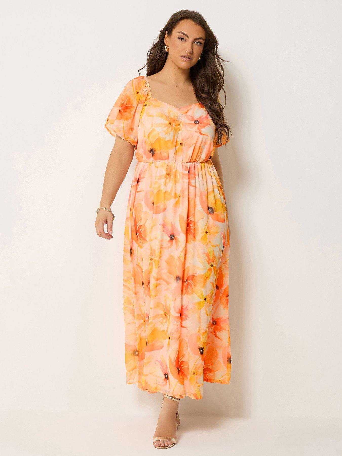 Yours Curve Floral Angel Sleeve Dress - Orange