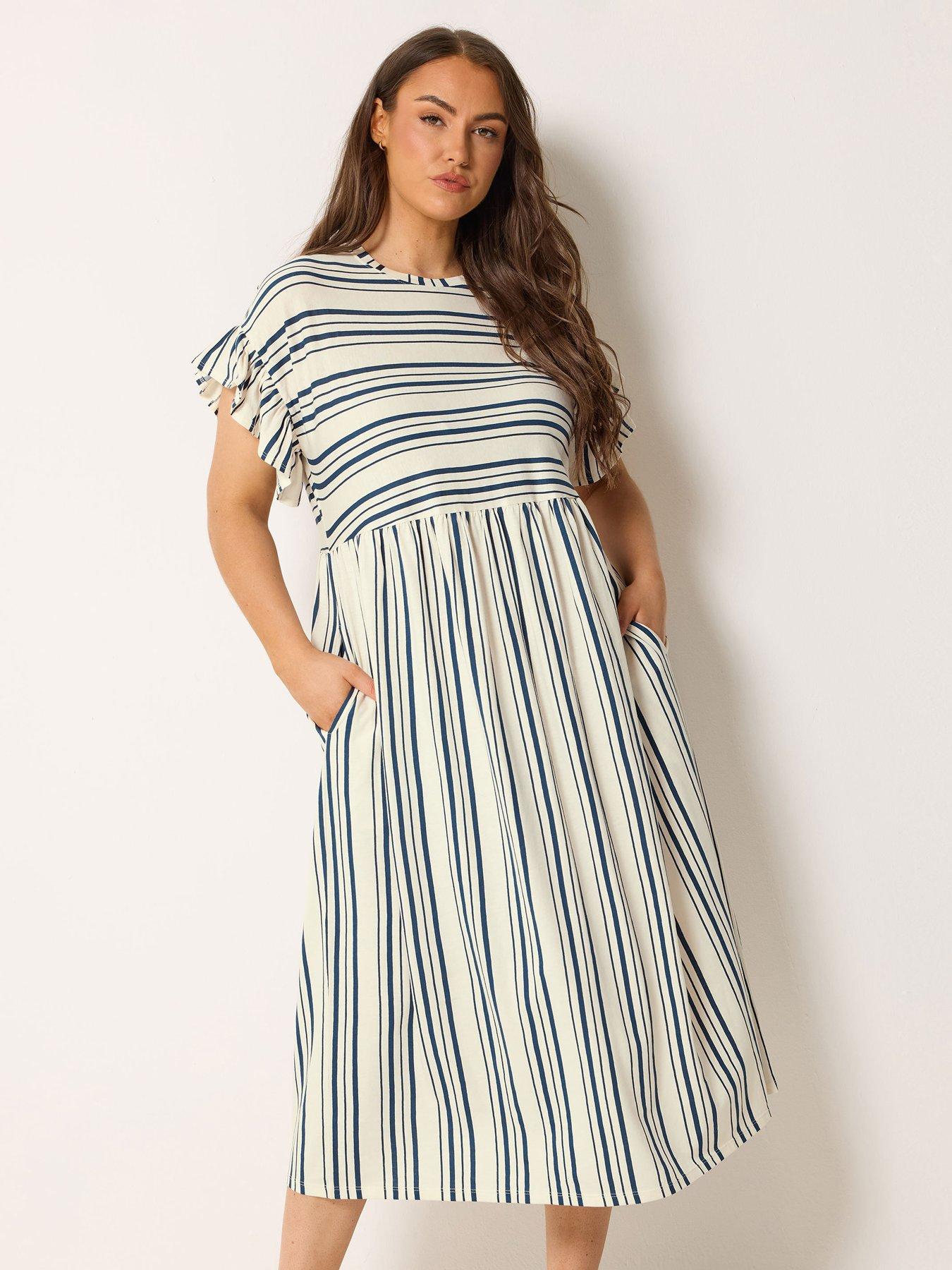 Image 1 of 5 of Yours Curve Frill Sleeve Stripe Print Dress - Blue