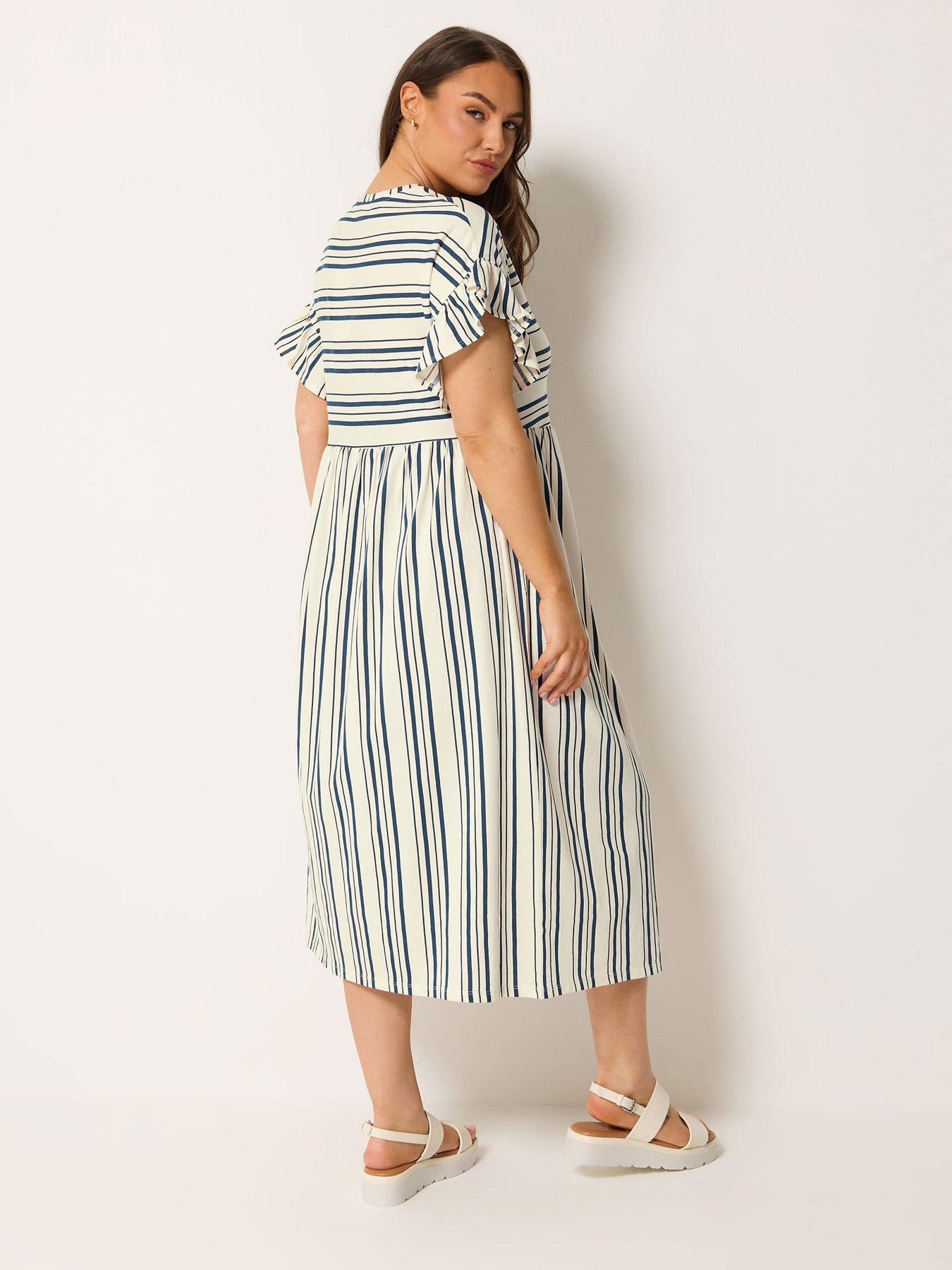Image 2 of 5 of Yours Curve Frill Sleeve Stripe Print Dress - Blue