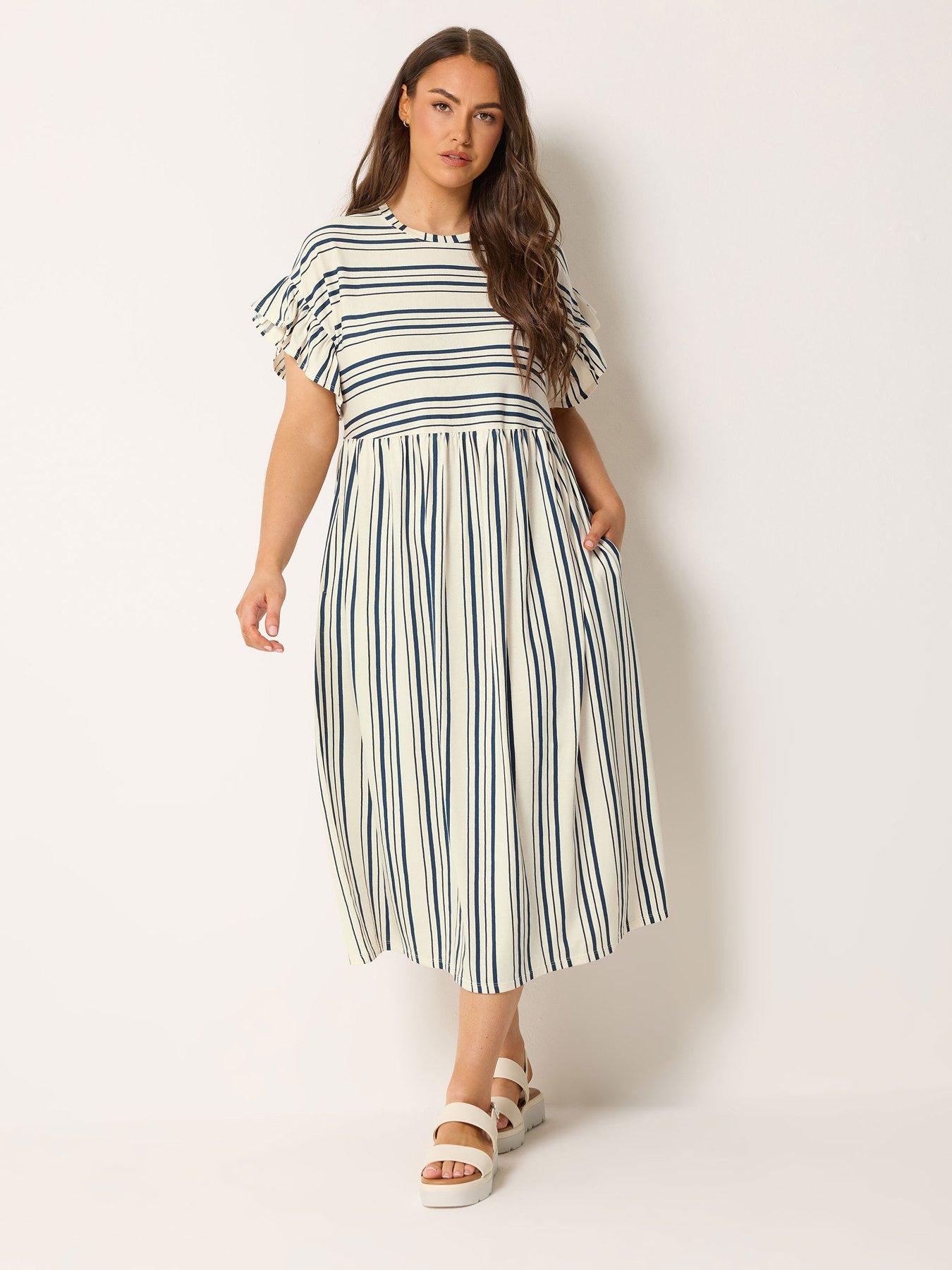 Image 3 of 5 of Yours Curve Frill Sleeve Stripe Print Dress - Blue