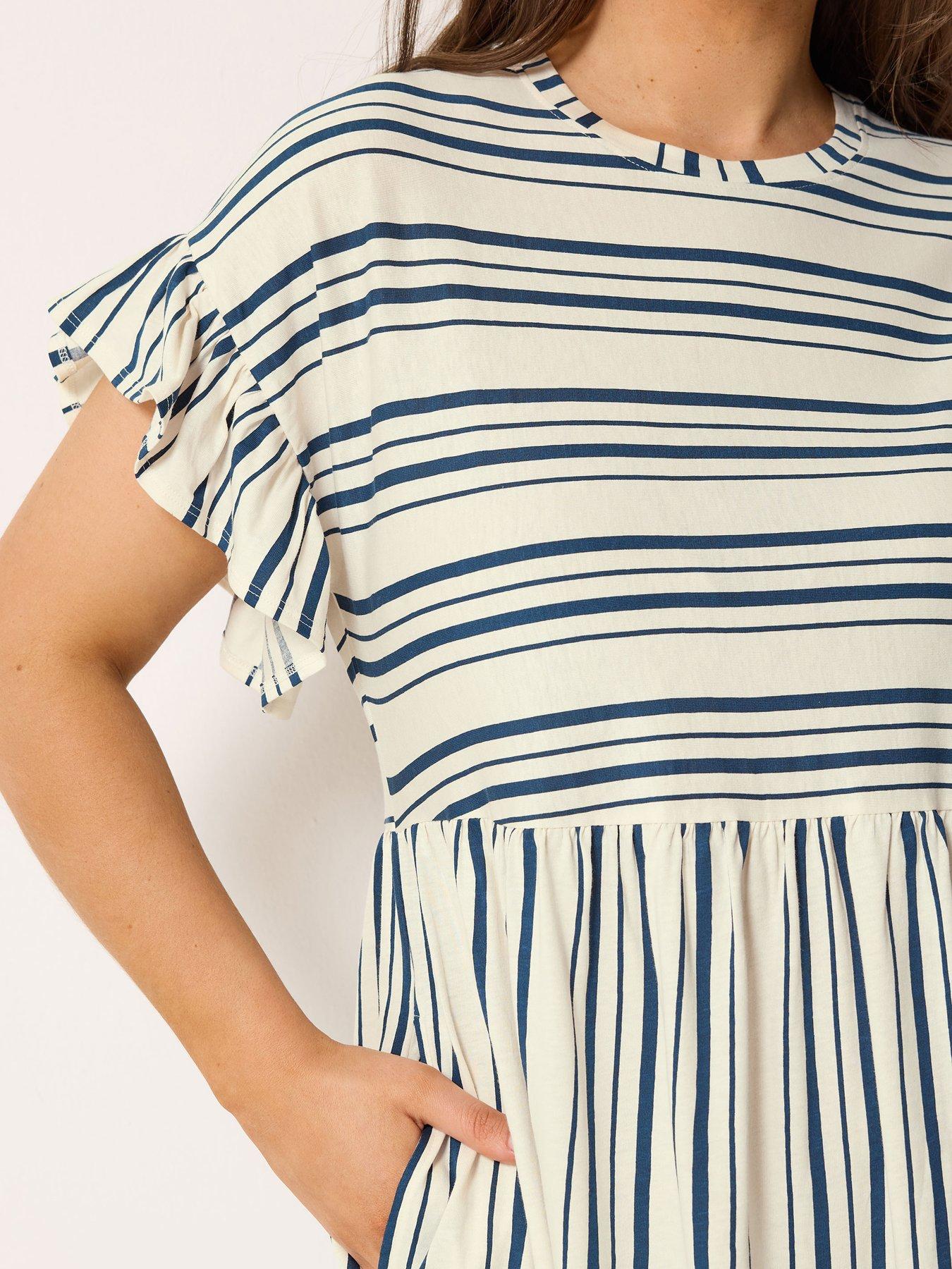 Image 4 of 5 of Yours Curve Frill Sleeve Stripe Print Dress - Blue