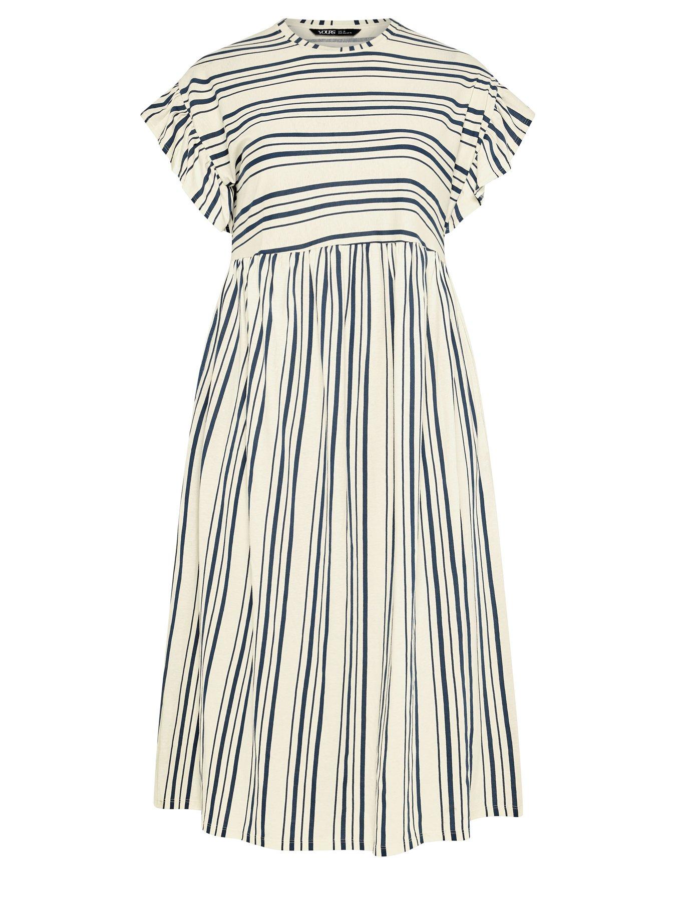 Image 5 of 5 of Yours Curve Frill Sleeve Stripe Print Dress - Blue
