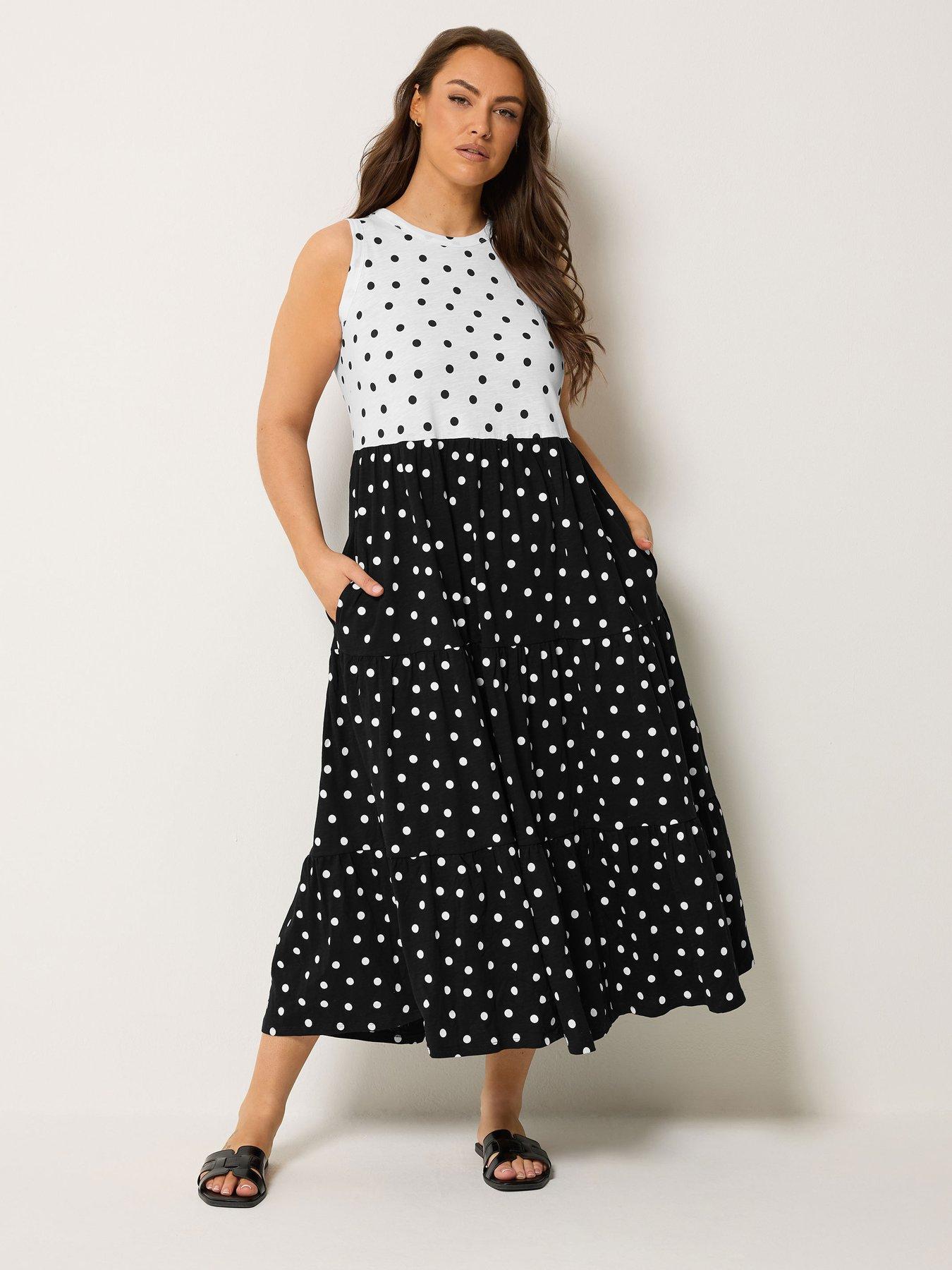 Yours Curve Polkadot Tiered Sleeveless Dress - Black