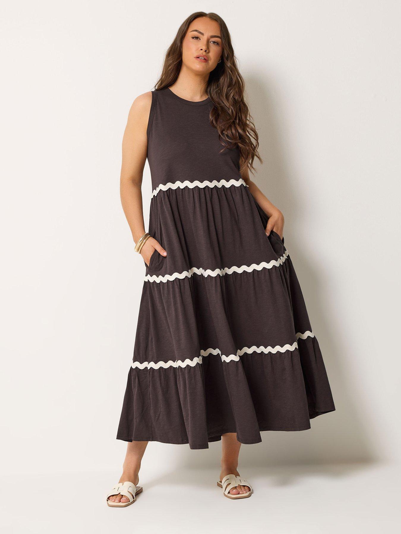 Yours Curve Contrast Ric Rac Trim Dress - Brown