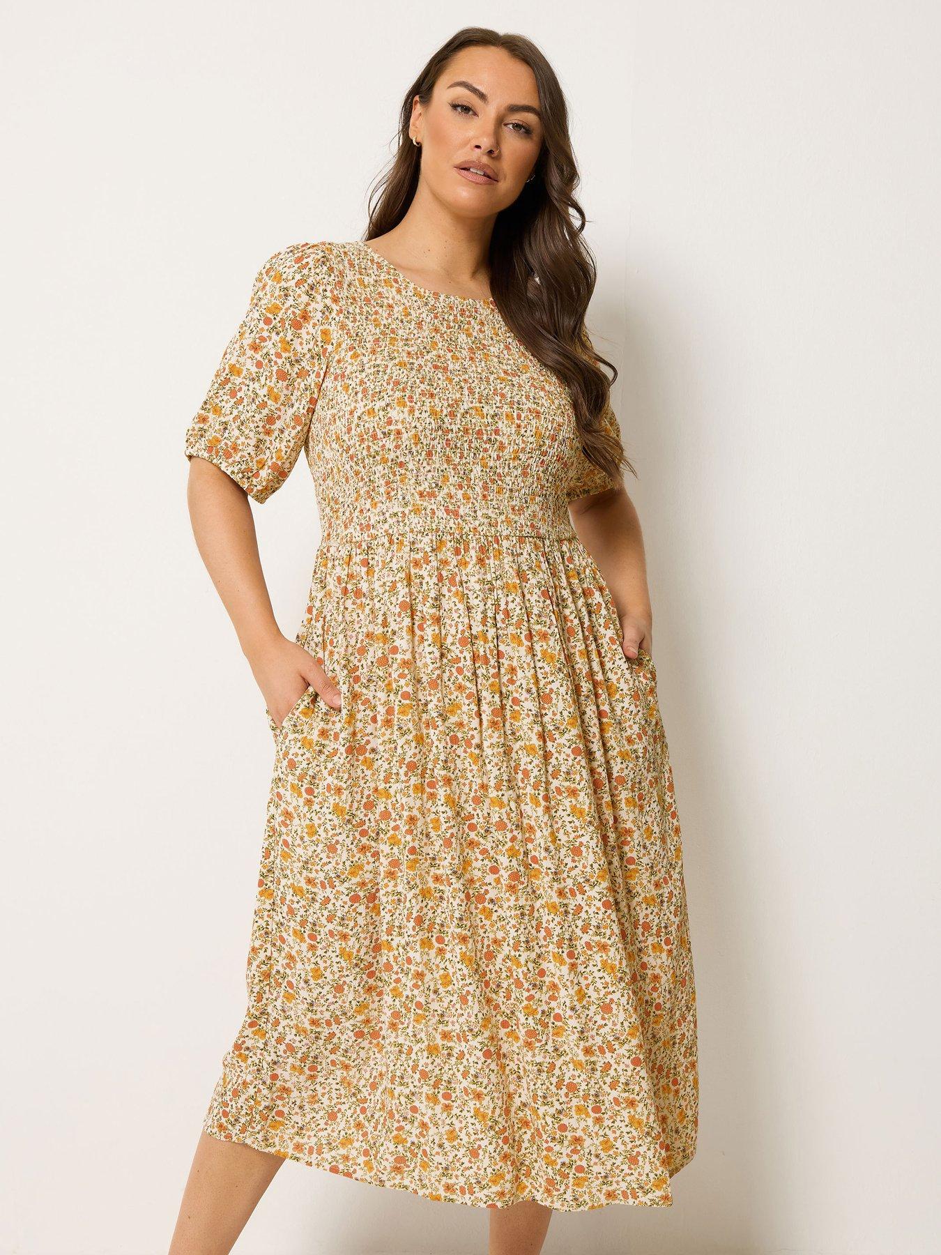 Yours Curve Shirred Puff Sleeve Midaxi Dress - Yellow