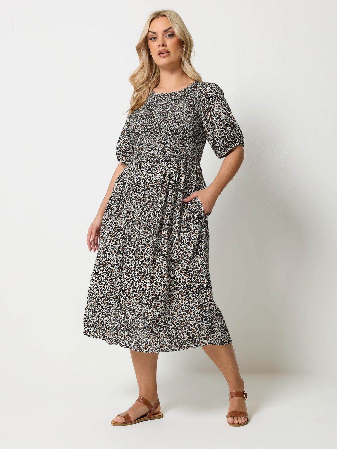 Yours Curve Shirred Leopard Print Puff Sleeve Midaxi Dress - Brown