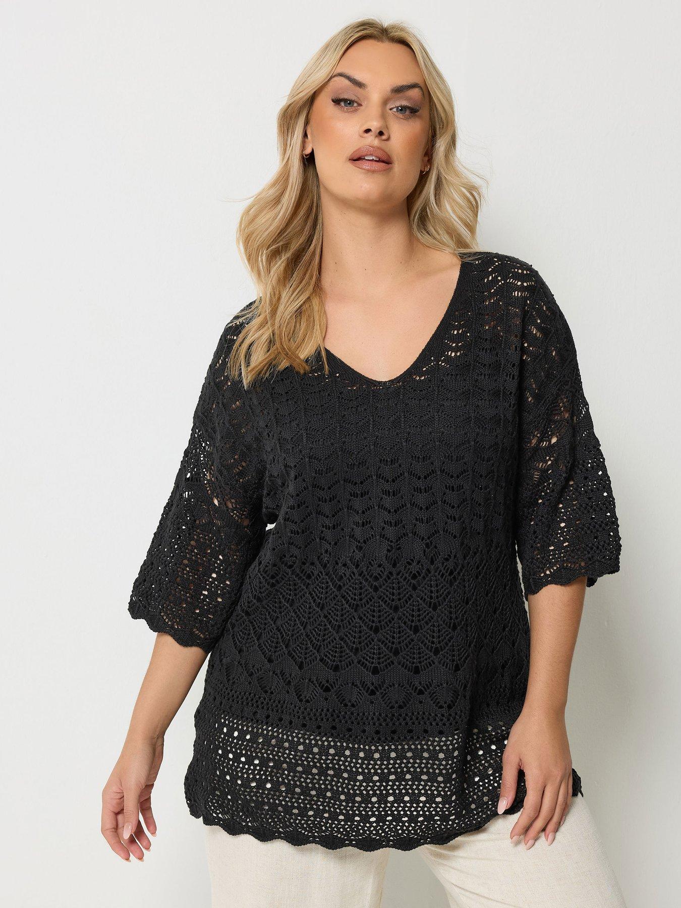 Yours Curve Crochet Tunic Jumper - Black