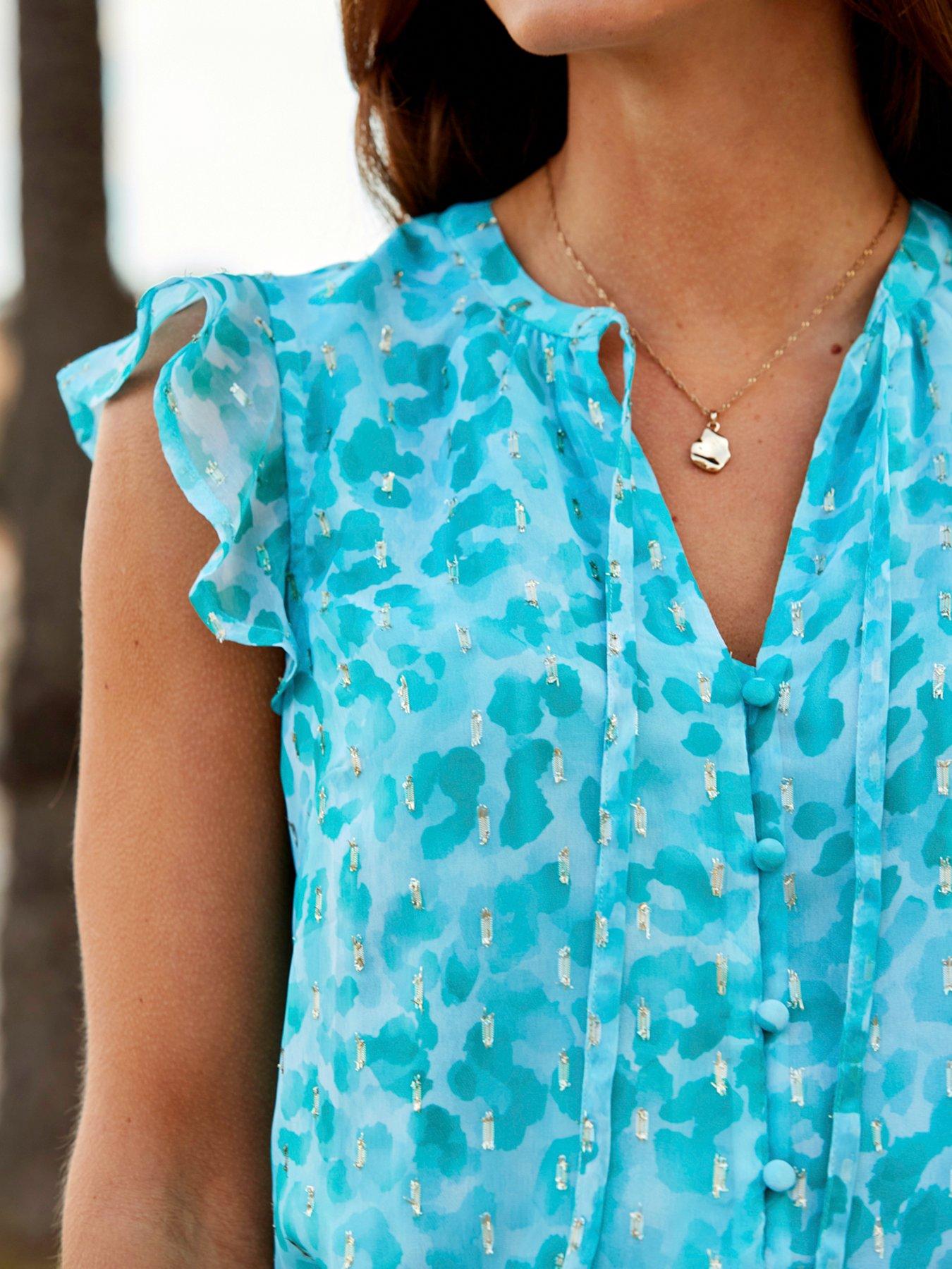 Image 4 of 4 of Sosandar Metallic Animal Print Flutter Sleeve Top - Blue